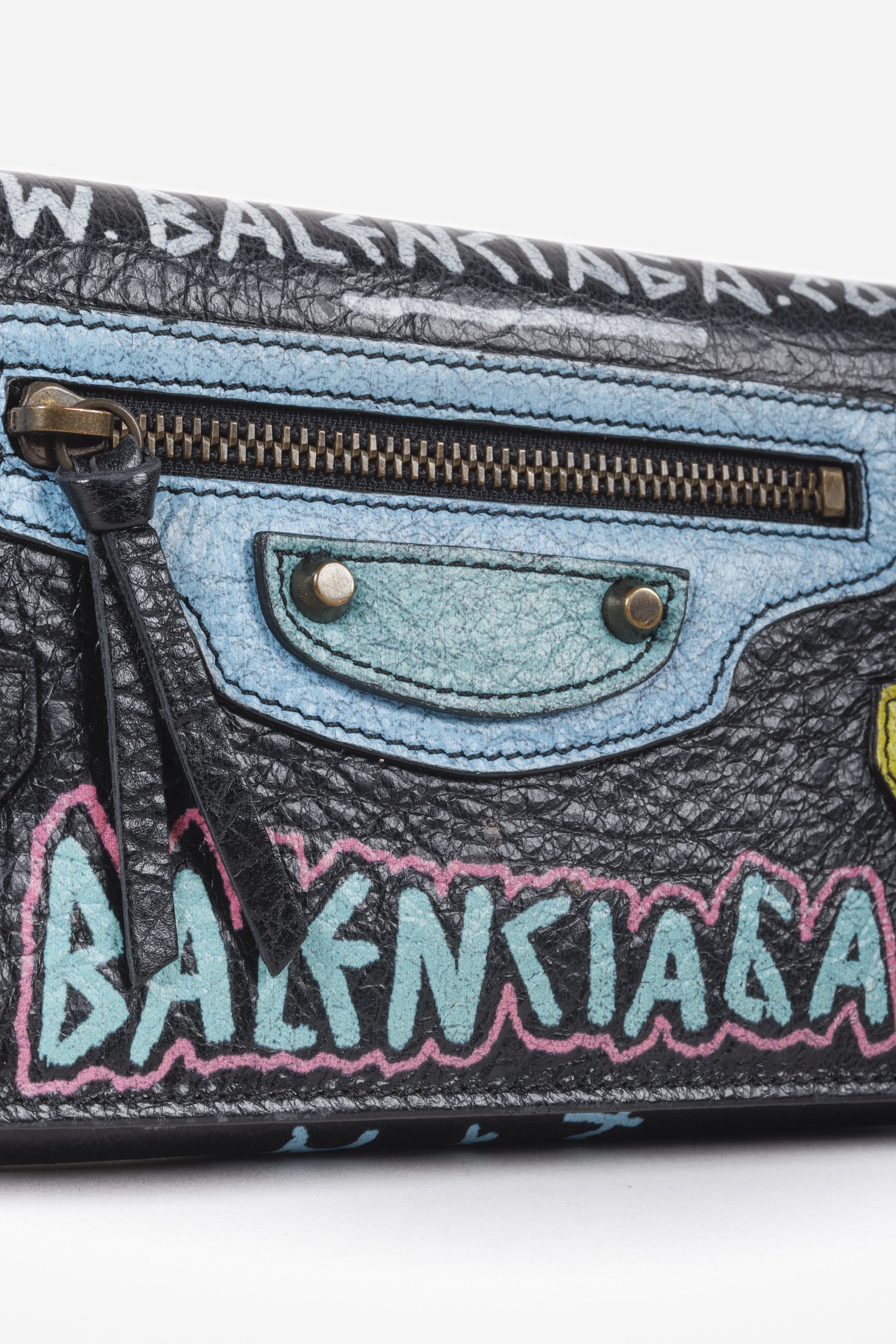 Balenciaga Black & White Graffiti Classic Continental Zip