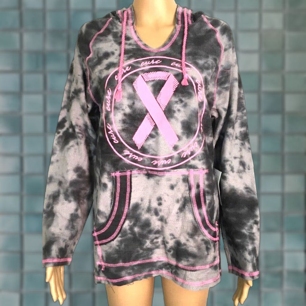 Olive LIVE BREATHE FIGHT Hoodie Women's Gray Tie Dye Pink Ribbon Cancer Awareness M Regular, Hooded, Athleisure Size M / US 6-8 / IT 42-44 - 1 Thumbnail
