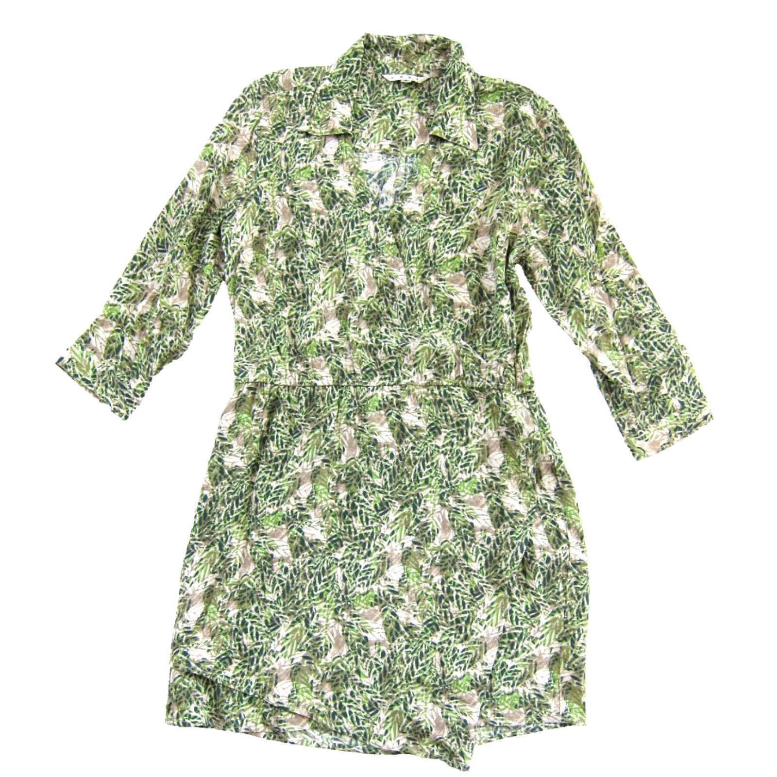 Vintage CAbi Dress 3/4 Sleeve Collared V-Neck Wrap 100% Rayon Green Brown Small Women's Shirt Dress Size S / US 4 / IT 40 - 2 Thumbnail