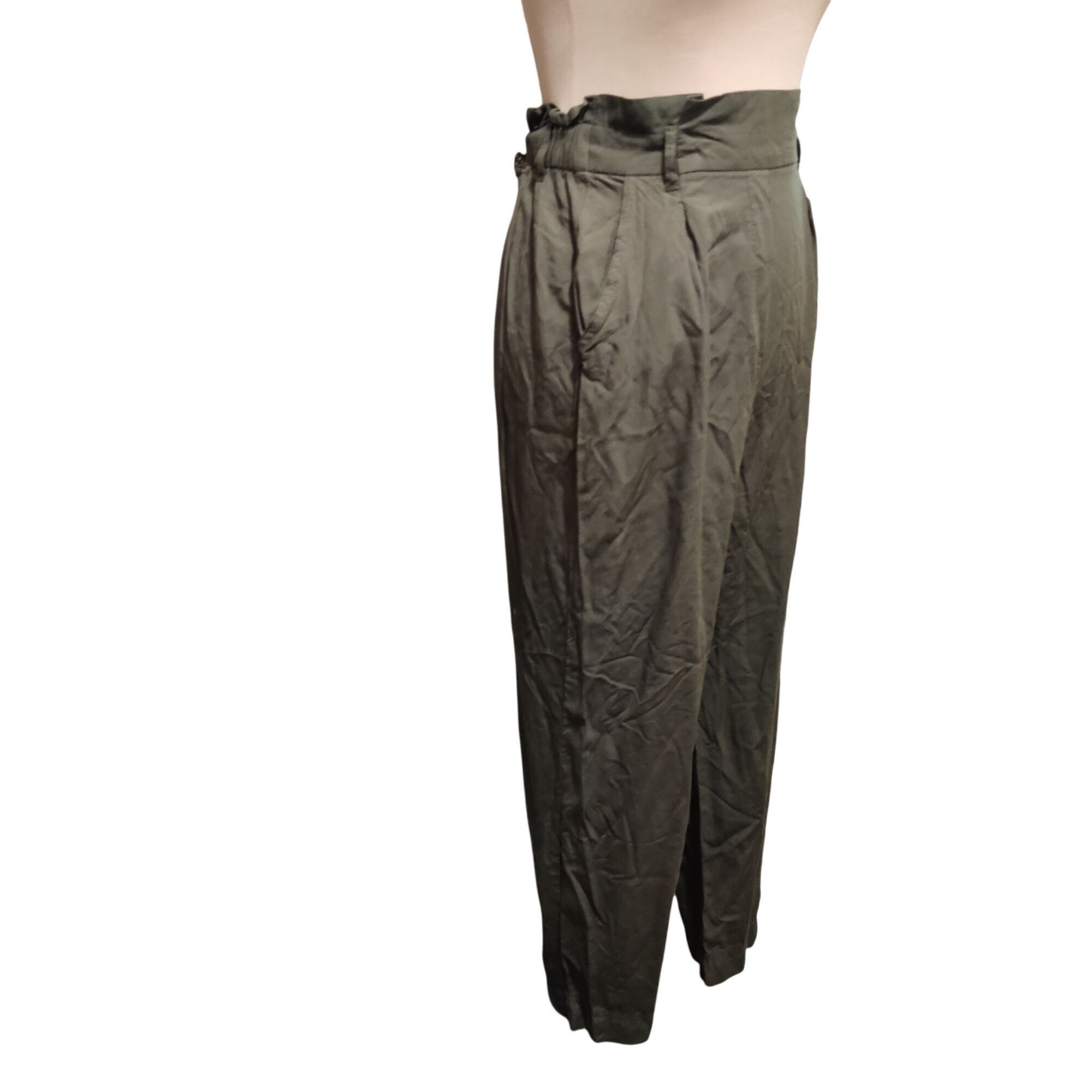 H&M H&M Olive High Waist Paperbag Pants Relaxed Tapered Pleated Size 30" / US 8 / IT 44 - 2 Thumbnail