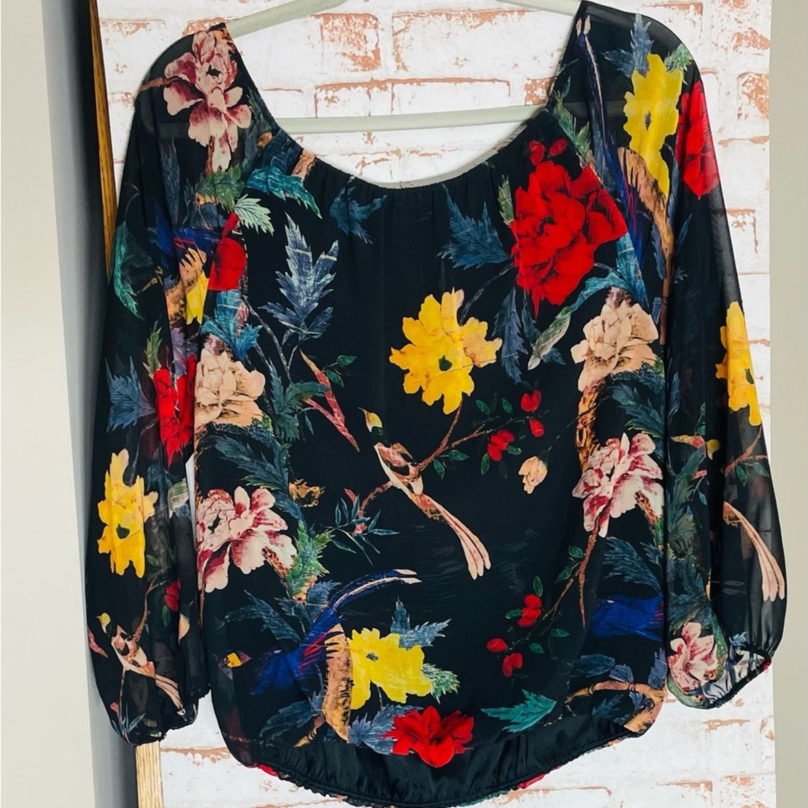 Alice + Olivia Alice + Olivia Black Top with Red and Green Floral Design Size M / US 6-8 / IT 42-44 - 2 Thumbnail