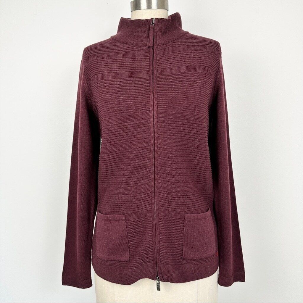 Other Olsen Long Sleeve Mock Neck Full Zip Ribbed Sweater Maroon Size S / US 4 / IT 40 - 2 Thumbnail