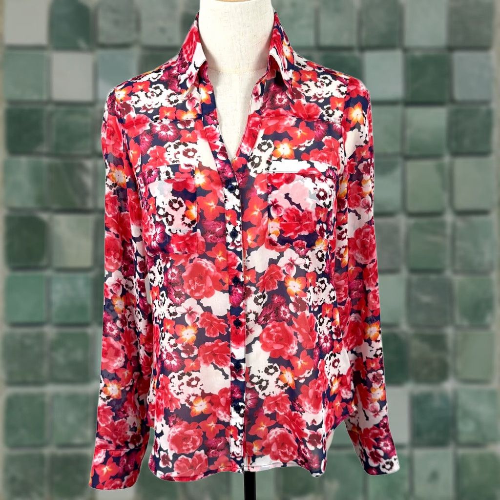 Express EUC Y2K Express Portofino XS Sheer Dark Floral Button Down Blouse RollTab Sleeve Boys? Womens Size XS / US 0-2 / IT 36-38 - 1 Thumbnail