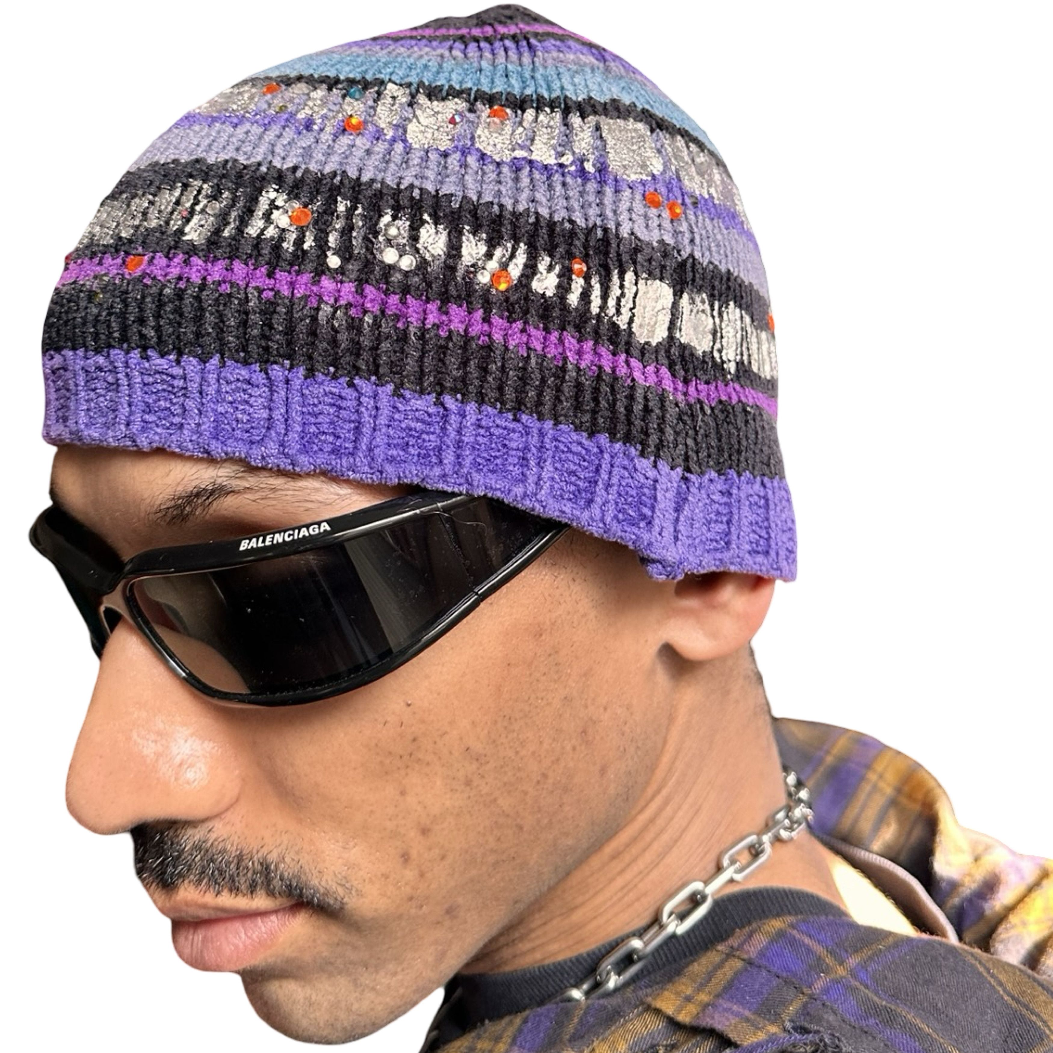 Vintage ASTROBOI* Black/Purple Striped Rhinestone Winter Beanie Size ONE SIZE - 5 Thumbnail