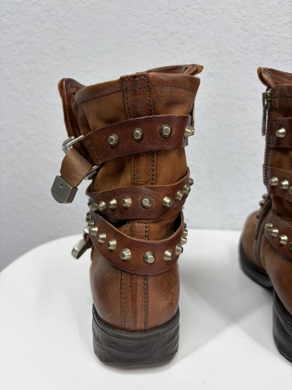 If Six Was Nine Brown Leather Studded Harness Boots Multi-Strap Biker Boots Size US 8 / IT 38 - 8 Thumbnail