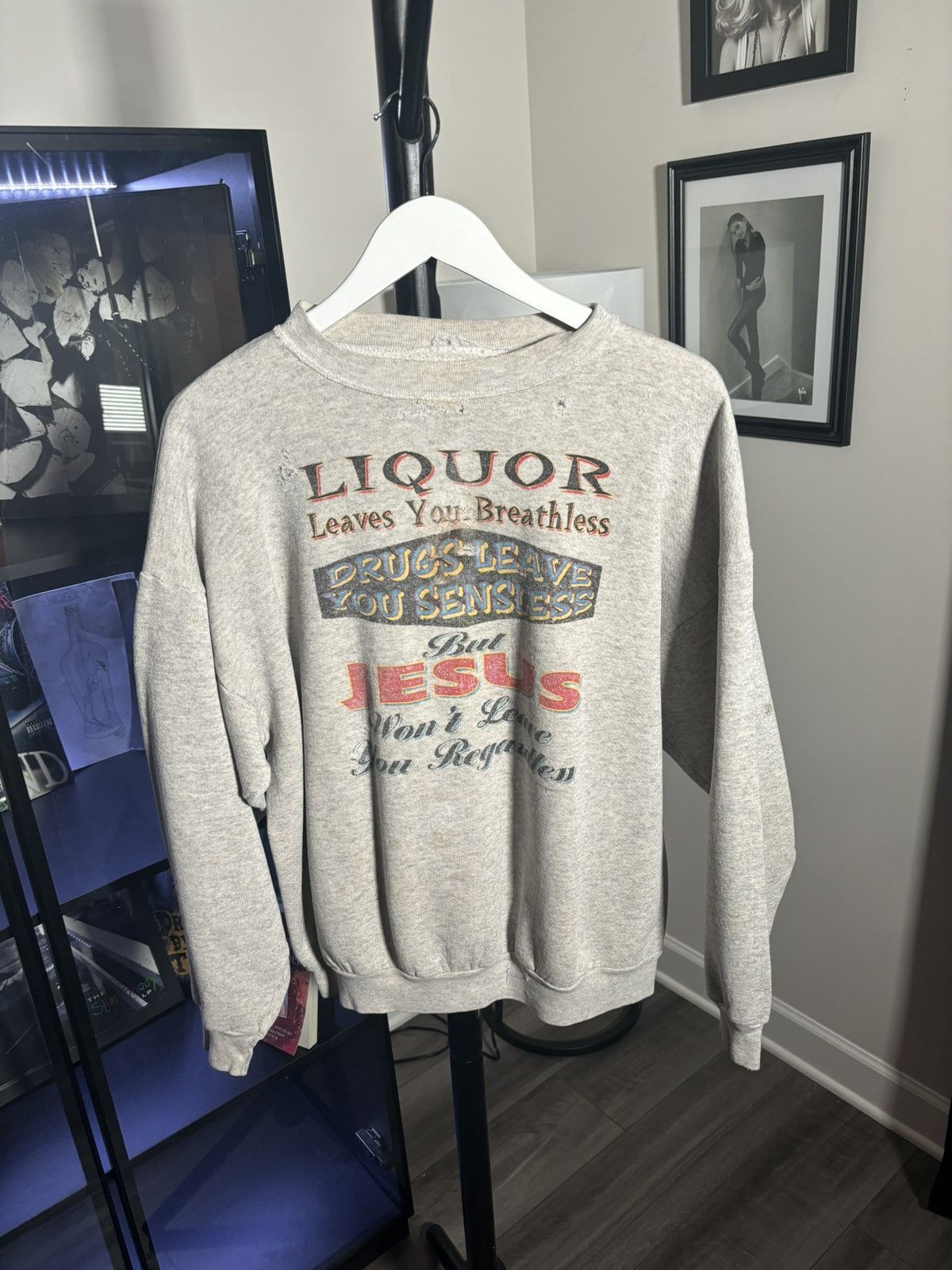 image of Unsound Rags x Vintage Liqour Drugs Jesus Crewneckbreaker in Heaher Gray, Men's (Size XL)