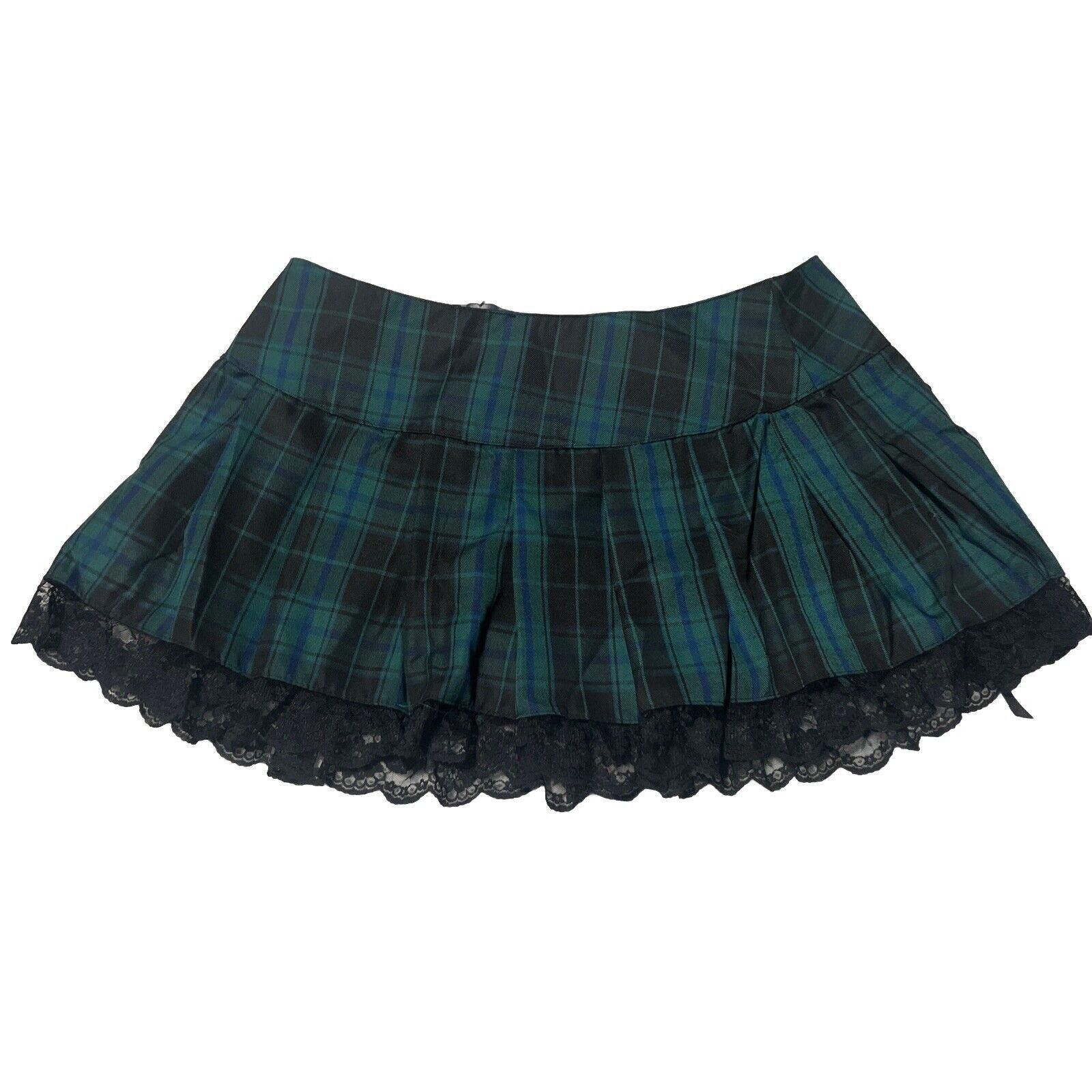 Designer XXL Plaid Widow Mini Skirt Lace Pleated Goth Teal Tartain Size 42" / US 20 - 5 Thumbnail