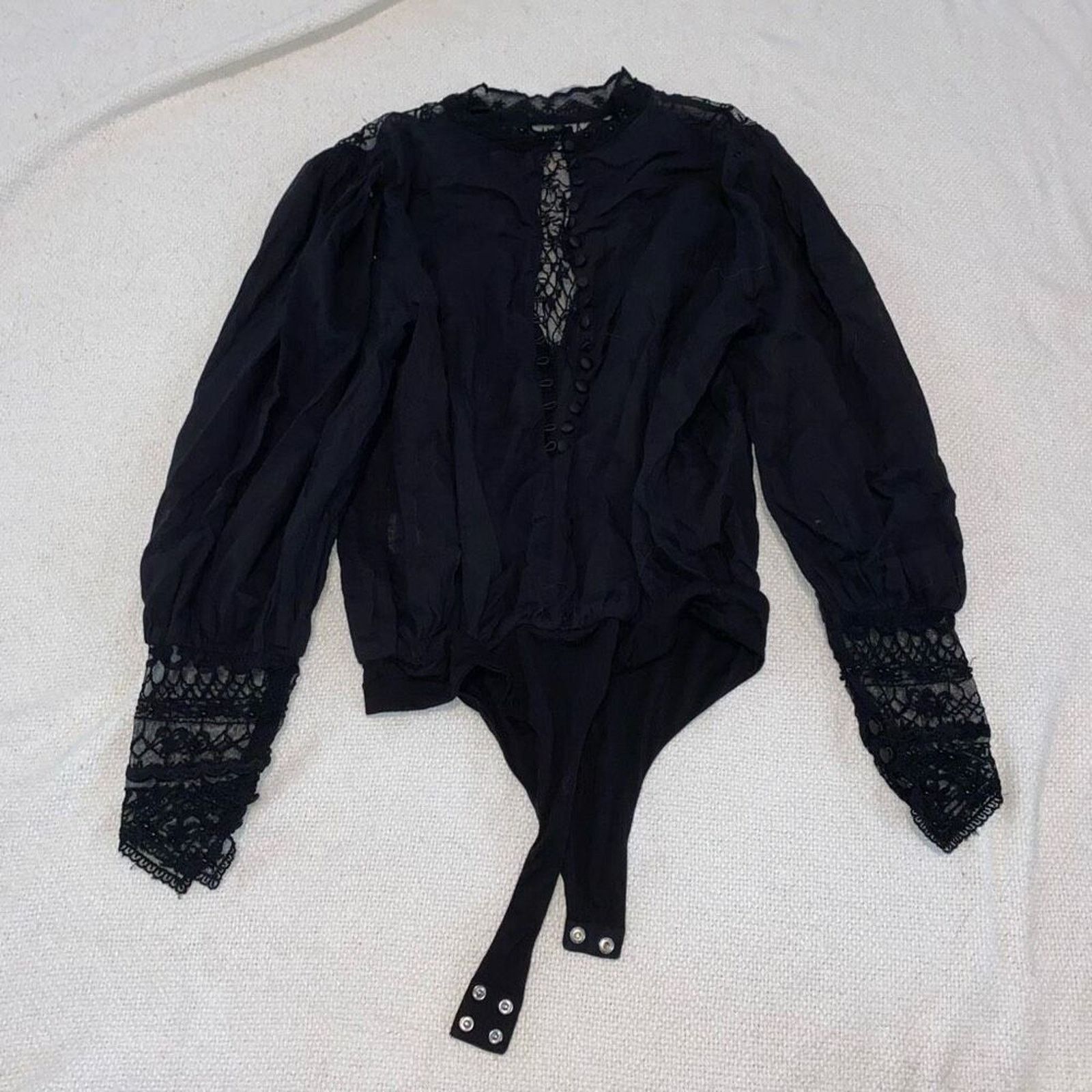 Retrofete Retrofete black long sleeve lace bodysuit | Sz S Size S / US 4 / IT 40 - 2 Thumbnail