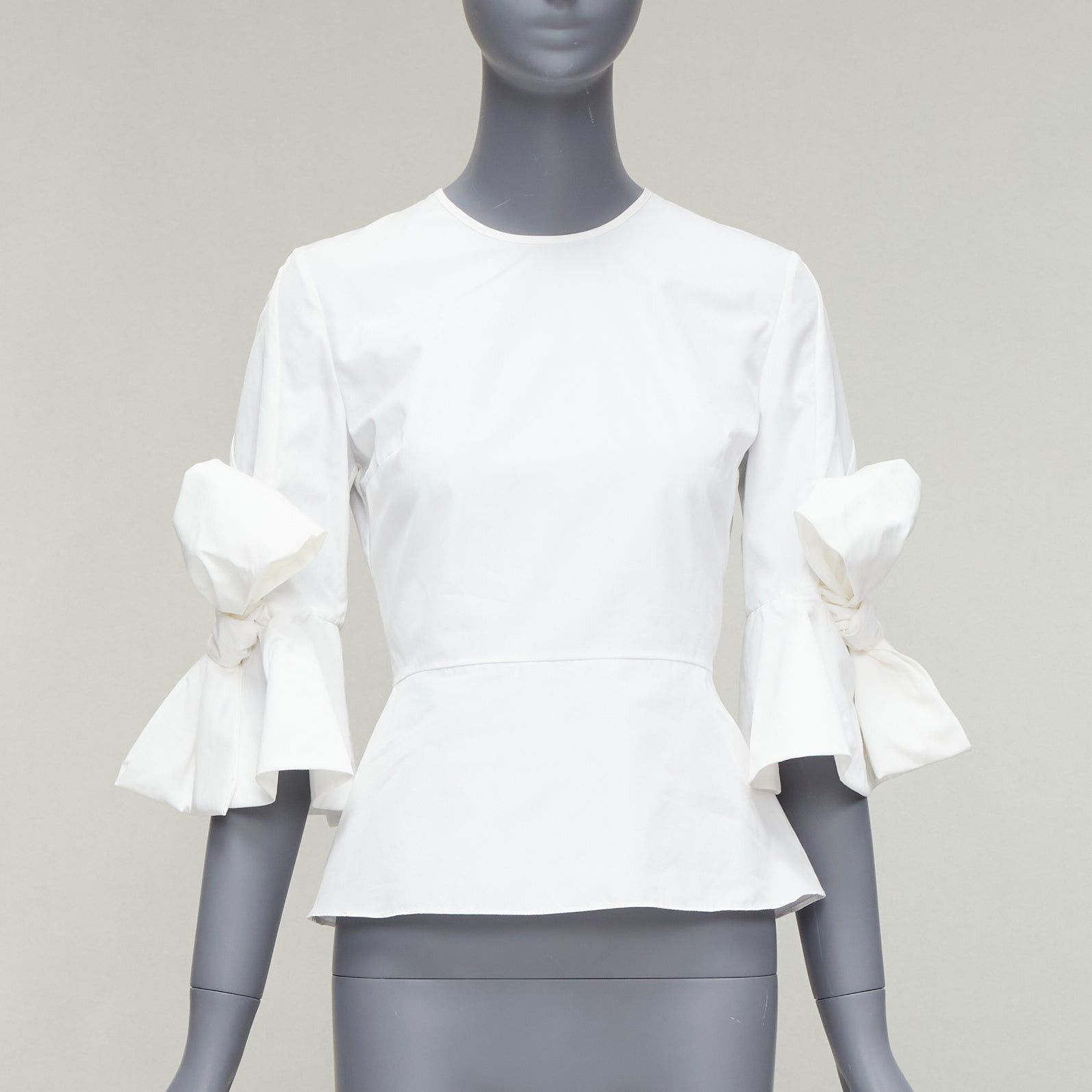 image of Roksanda Kemi White Cotton Poplin Bow Cuff Flared Sleeve Peplum Top Uk6 Xs, Women's