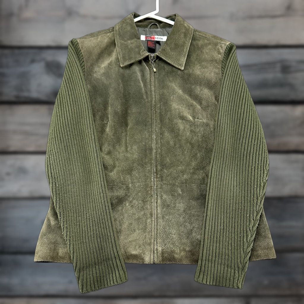 Olive VINTAGE Live a Little Jacket Women L Green Suede Leather Ribbed Knit 90s Size L / US 10 / IT 46 - 1 Thumbnail