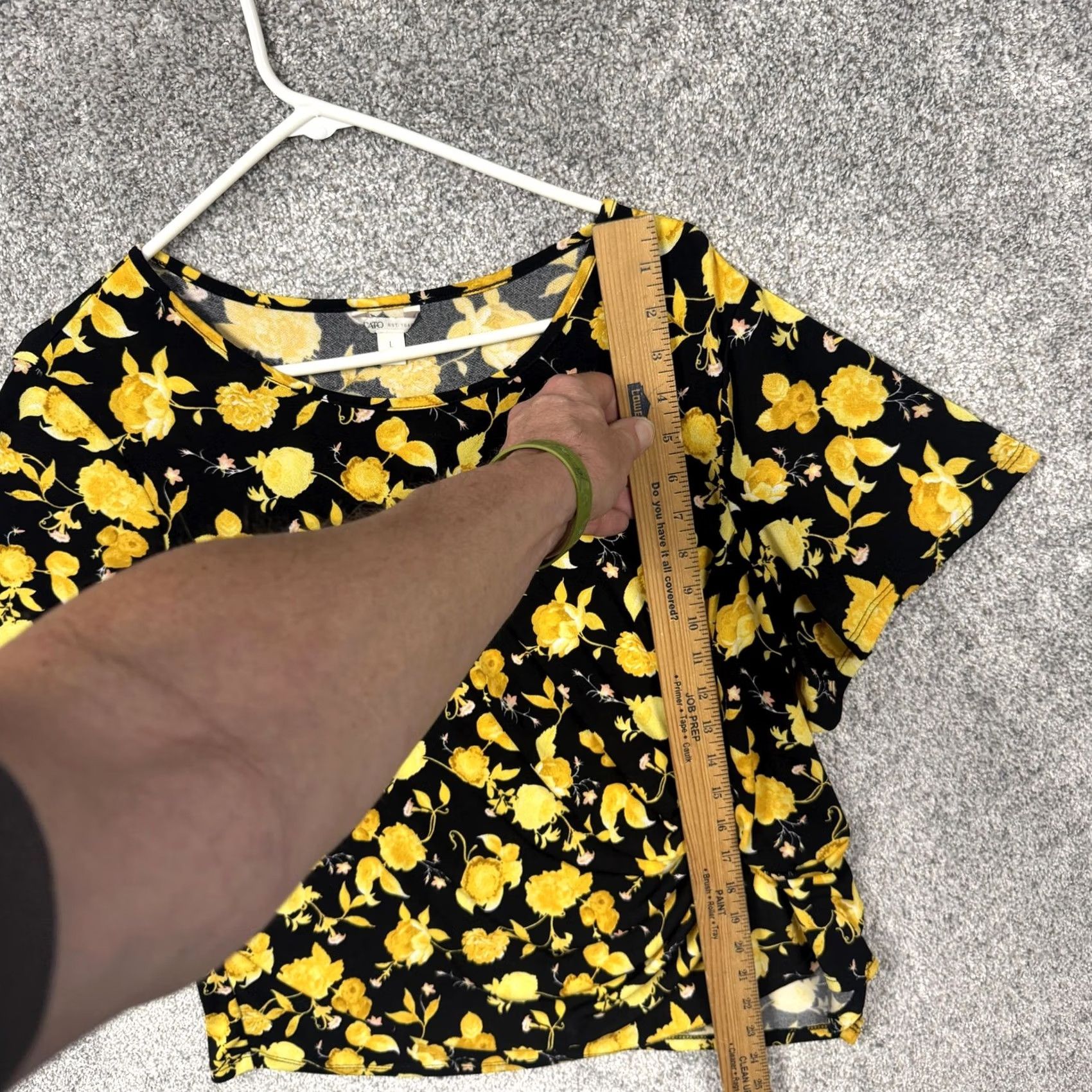Vintage Cato T-Shirt Womens Black Yellow Floral Short Sleeve Scoop Neck with Side Knot Ruched Front Size L / US 10 / IT 46 - 2 Thumbnail