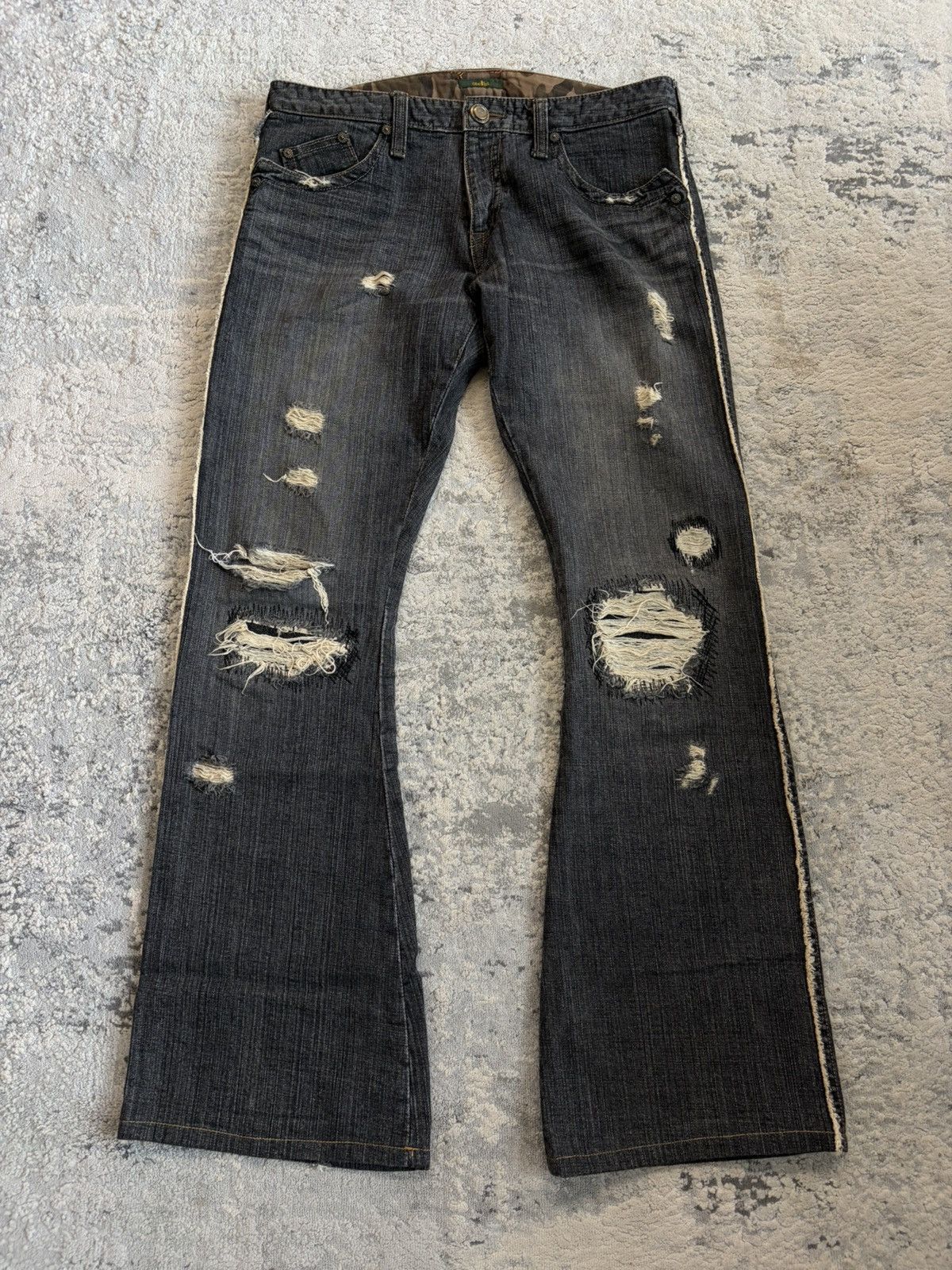 Obelisk Black Fringe Distressed Flare Curved Denim Size US 32 / EU 48 - 1 Thumbnail