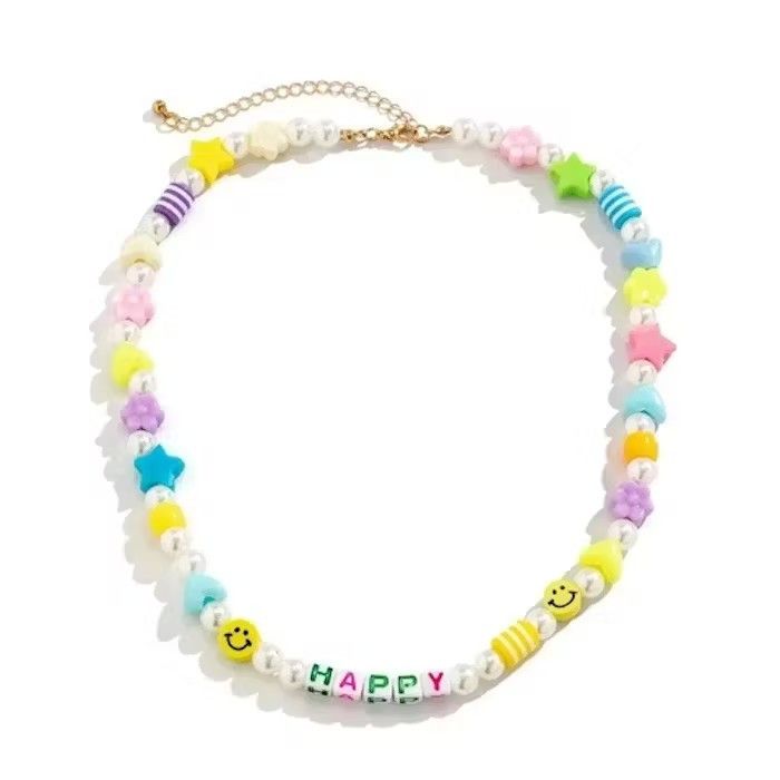 Jewelry HAPPY Smiley Face Bead Hippie Peace Pearl Rainbow Necklace Size ONE SIZE - 4 Thumbnail