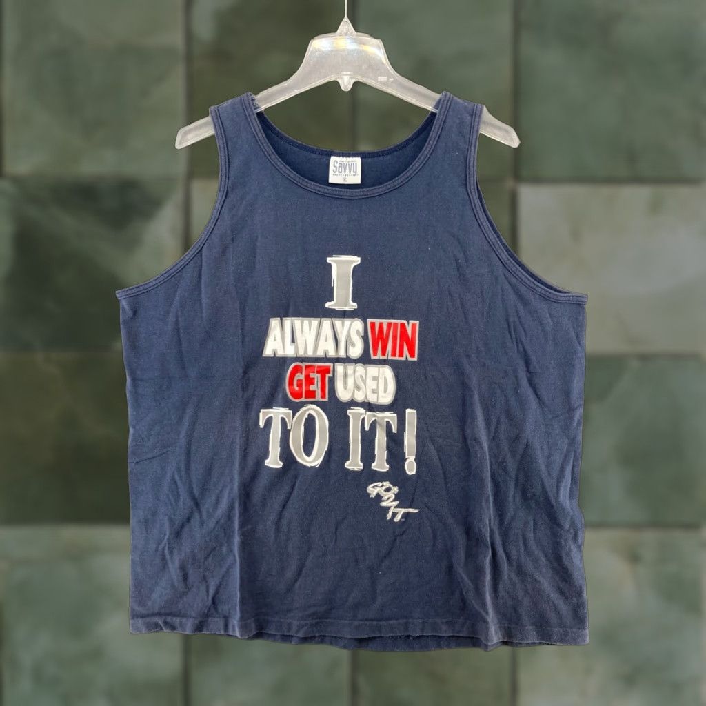 Vintage Savvy Mens Tank USA Blue XL - Savvy Tank Top Mens Blue USA Made Graphic Print Round Neck Sleeveless Pullover 100% Cotton Size US XL / EU 56 / 4 - 1 Thumbnail