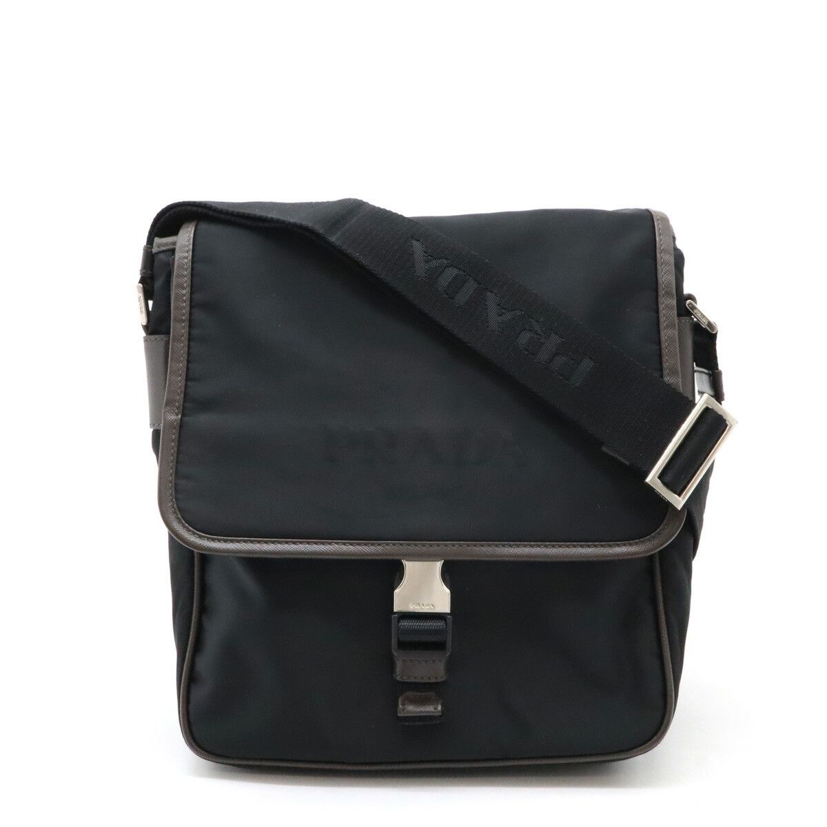 Prada Prada Nylon Logo Jacquard Shoulder Bag Black/dark Brown Leather Shoulder Bag, Women's