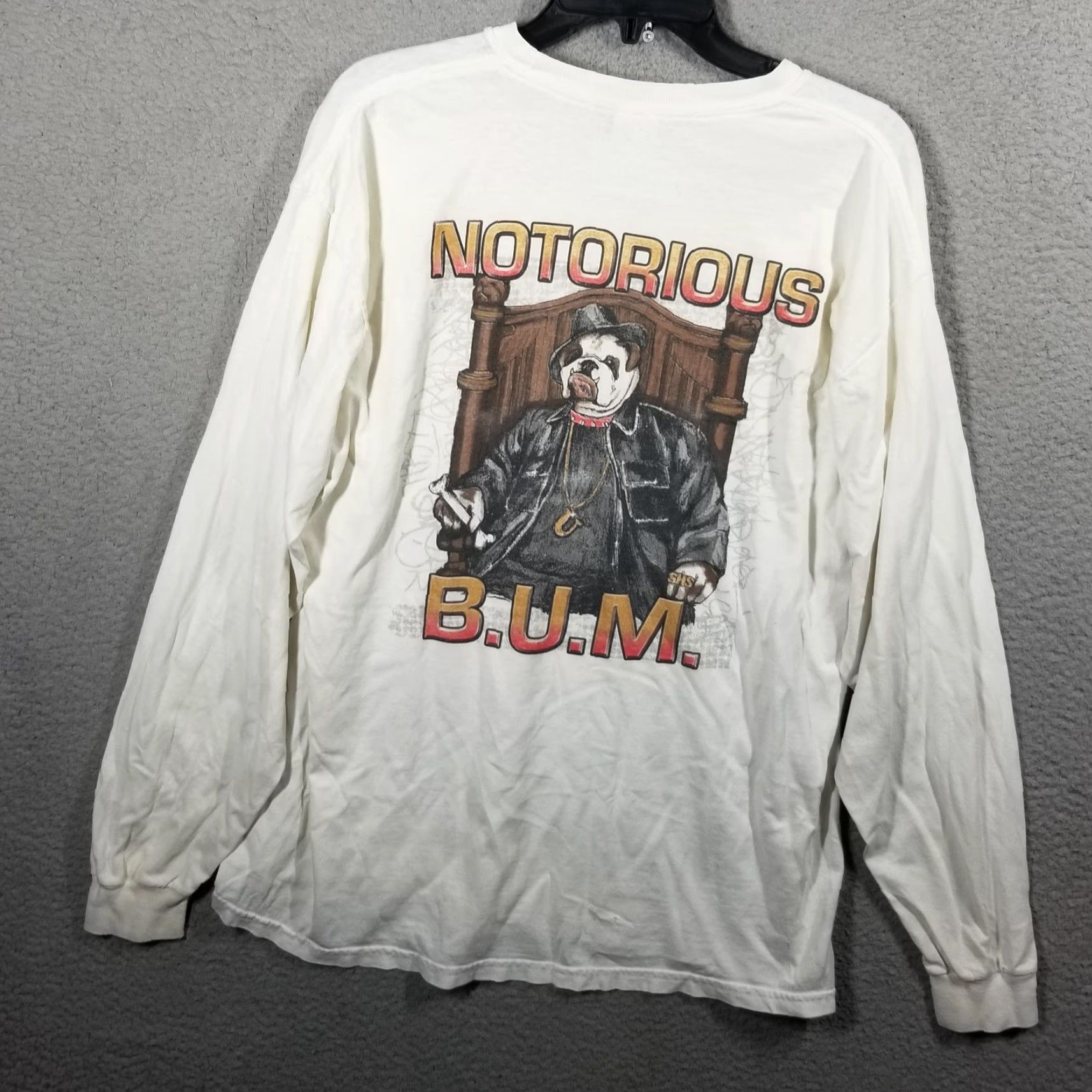 Gildan VINTAGE Notorious B.U.M. Shirt Tee Mens Large White Long Sleeve Graphic Bulldog 2011-12 Mens Size US L / EU 52-54 / 3 - 2 Thumbnail