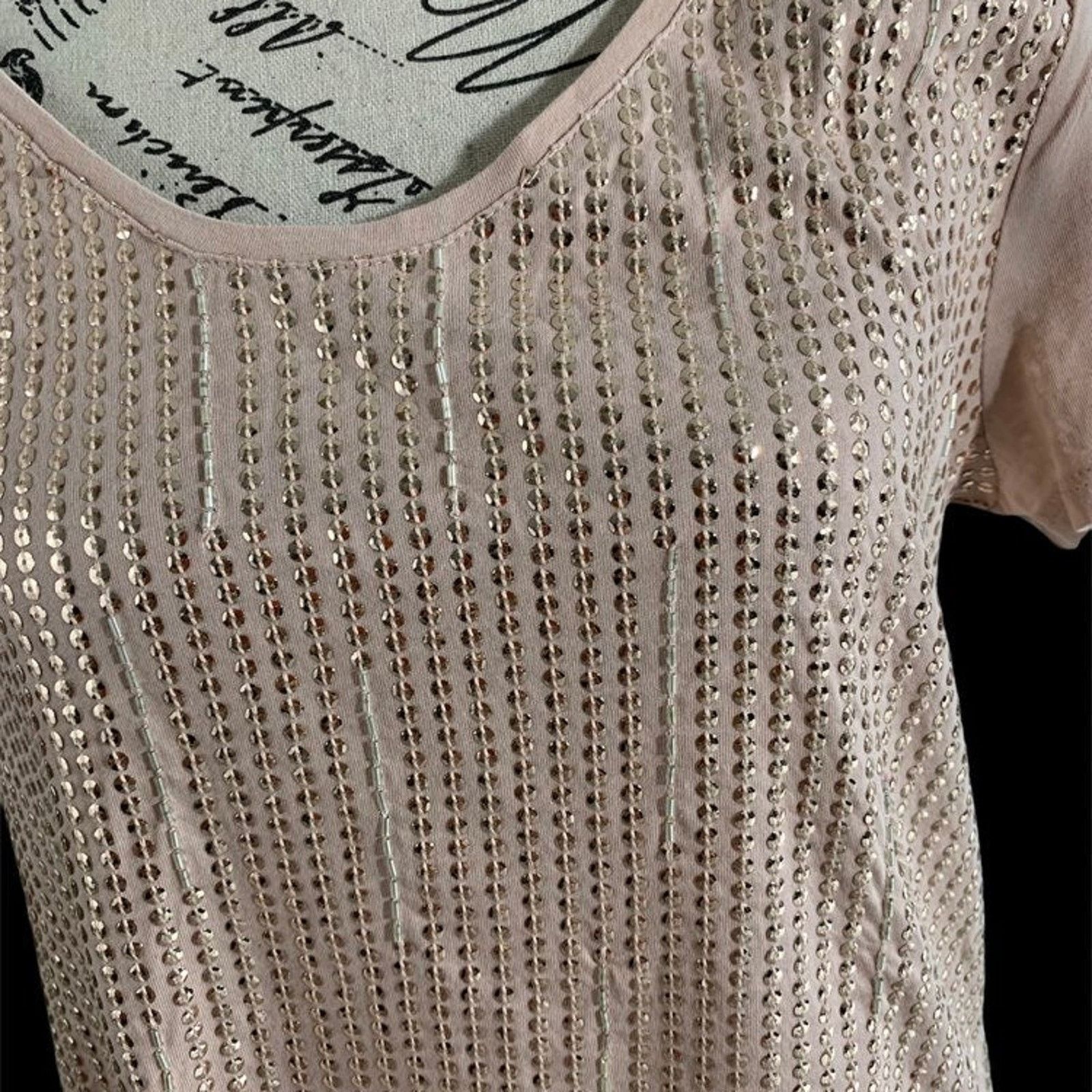 Loft Ann Taylor Loft Beige Sequin Bling Embellished Top Women's Size L / US 10 / IT 46 - 2 Thumbnail