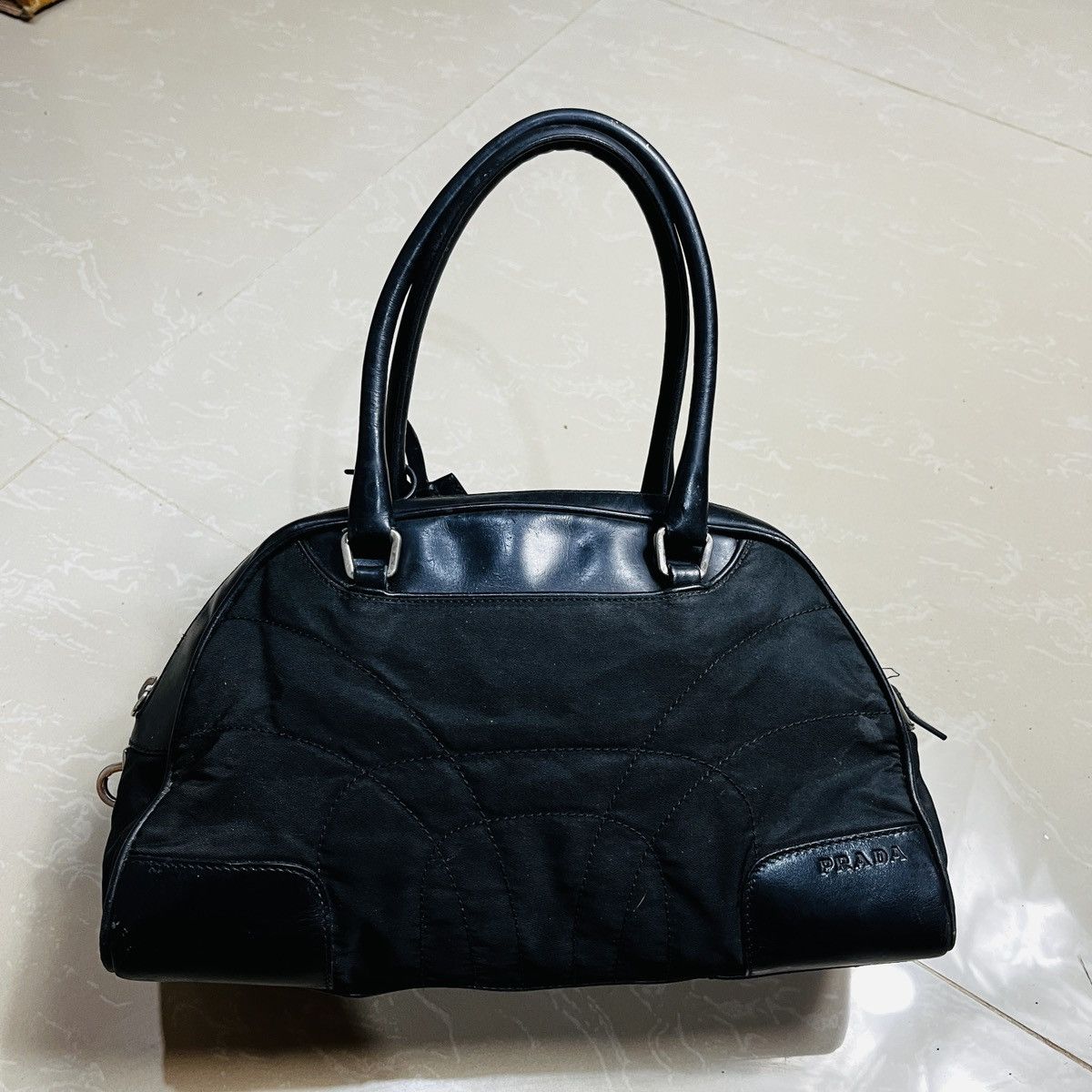 Prada Black Vitello Trimmed Tessuto Bowling Bag