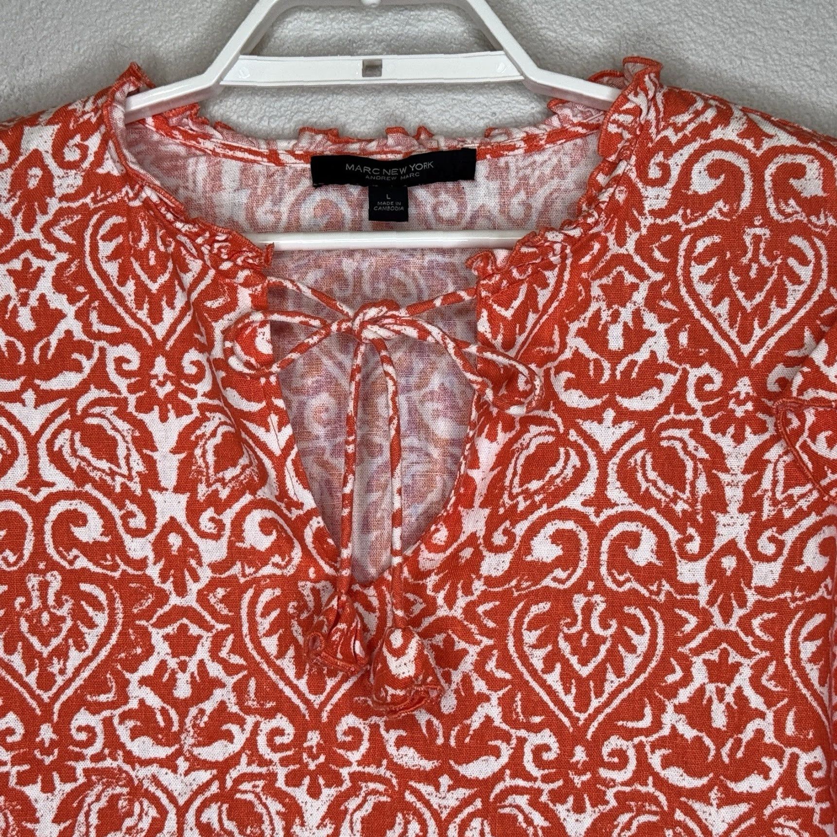 Vintage Marc New York Boho Top Womens Size L Orange Damask 3/4 Sleeve V-Tie Neck Linen Blouse Size L / US 10 / IT 46 - 2 Thumbnail