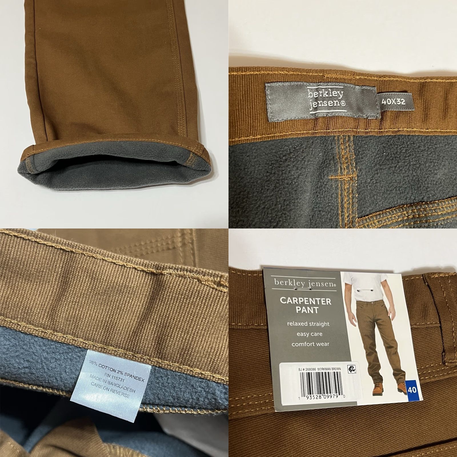 Vintage Berkley Jensen Carpenter Pants Men 38x32 Brown Fleece Lined NWT Casual Travel 5-Pocket Relaxed Straight Size US 38 / EU 54 - 8 Thumbnail