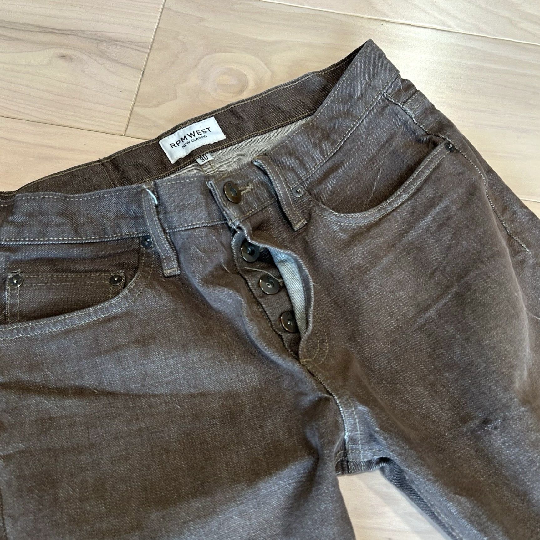 Denime RPM West Selvedge Denim Jeans Men’s 30x29 Slim Low Rise Dark Brown 5-Pocket Button Closure United States Vintage Style Streetwear 30 in Inseam Men Size US 30 / EU 46 - 3 Thumbnail