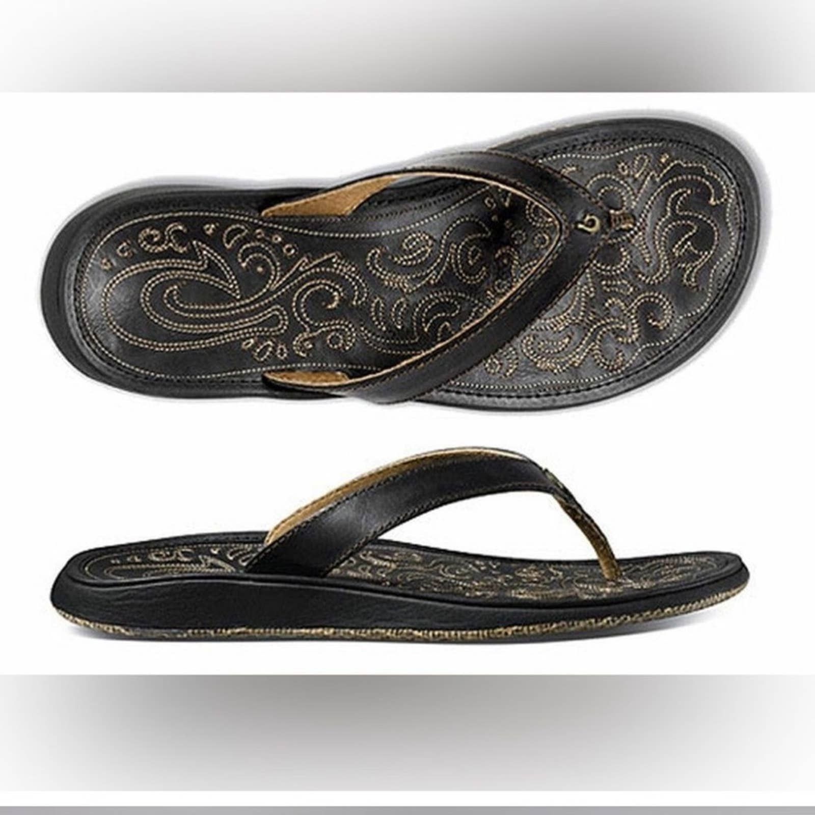 Olukai Paniolo Womens 9 Black Embroidered Leather Flip Flop Sandals