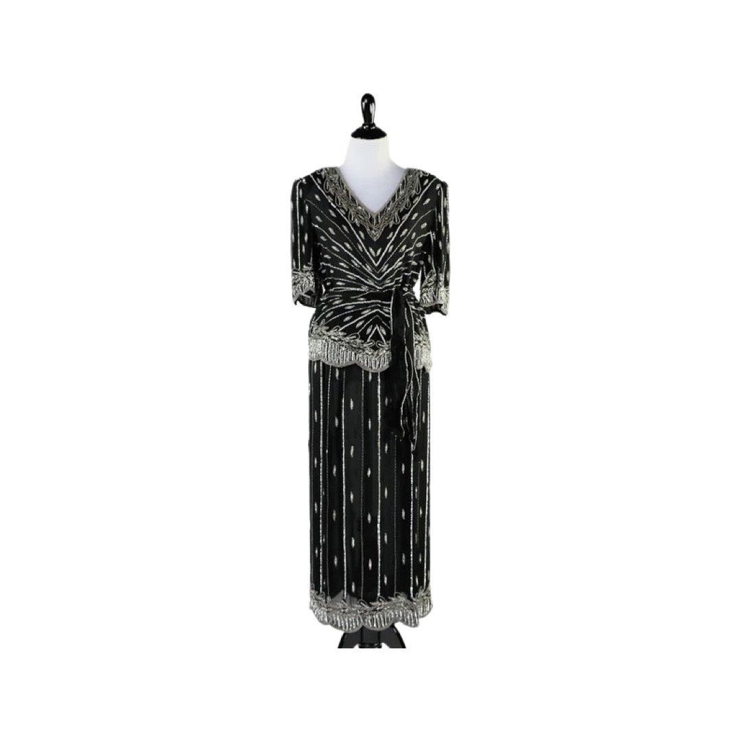 Vintage Vintage 1980s Black Silver Sequin Beaded Top Skirt Medium Size M / US 6-8 / IT 42-44 - 2 Thumbnail