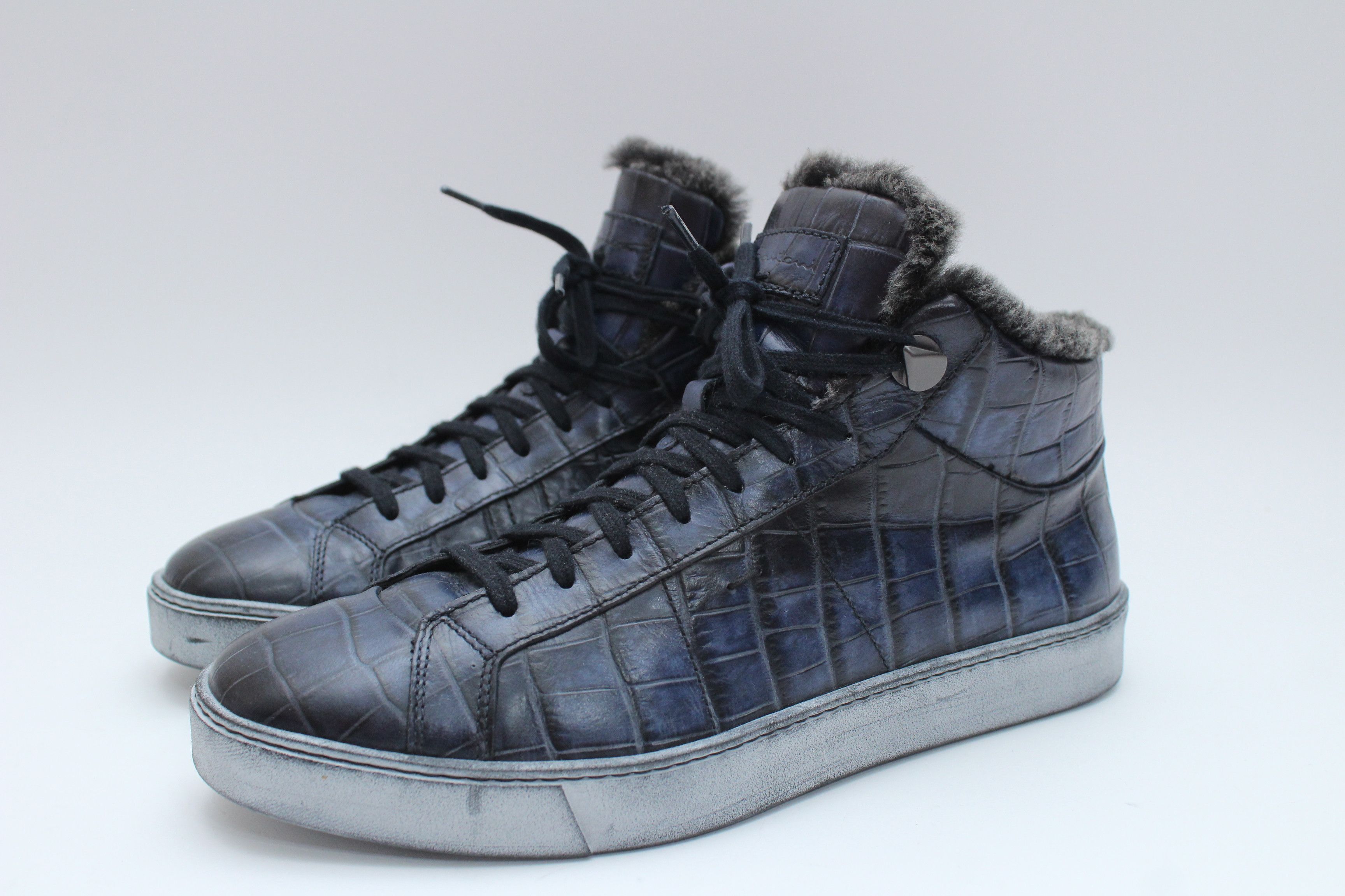 Santoni Santoni Navy Crocodile Embossed Leather Fur Lined Sneakers Size US 8 / EU 41 - 8 Thumbnail