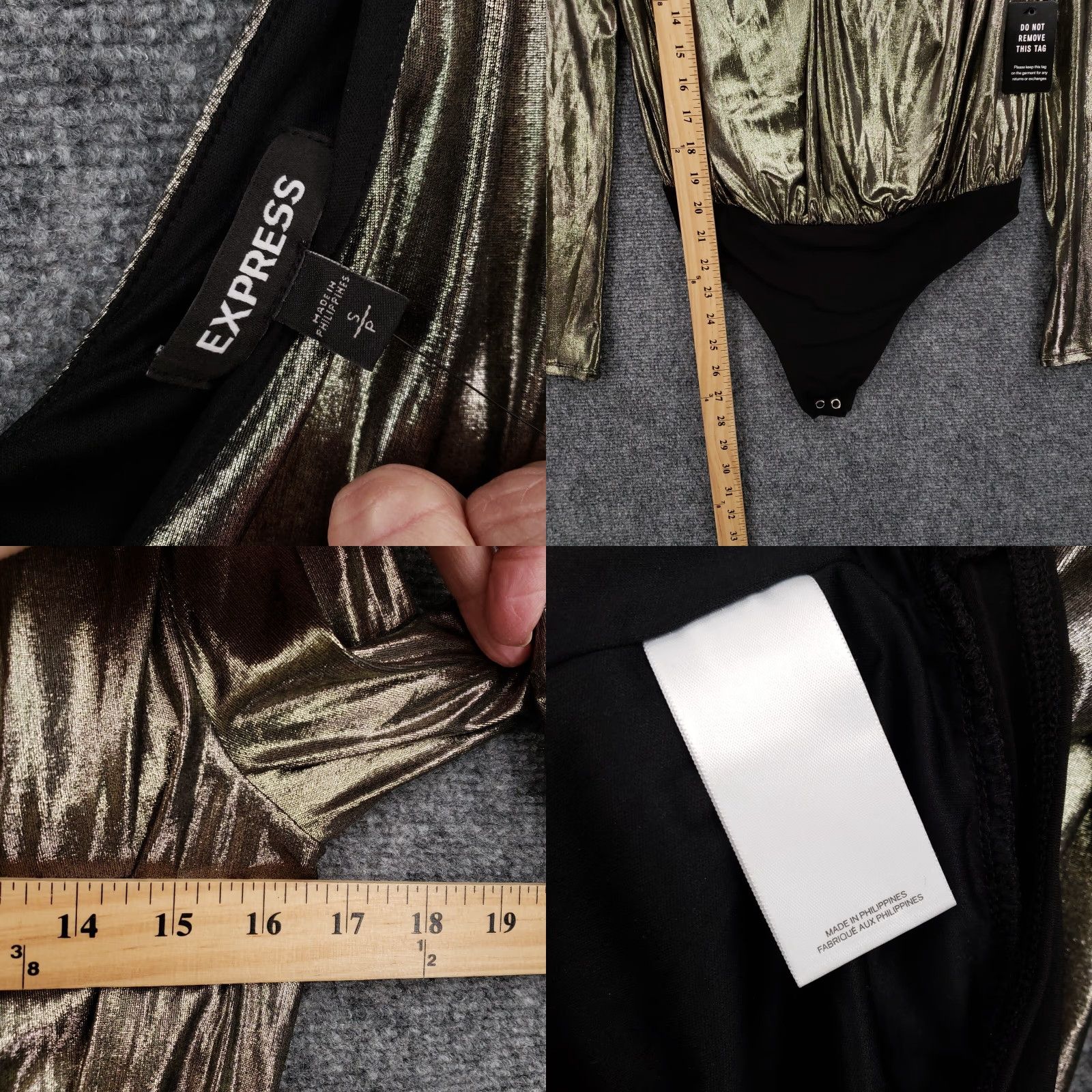 Express Express Bodysuit Womens S Gold Metallic V Neck Long Sleeve Thong Sexy One Piece Top Hat? Size S / US 4 / IT 40 - 8 Thumbnail