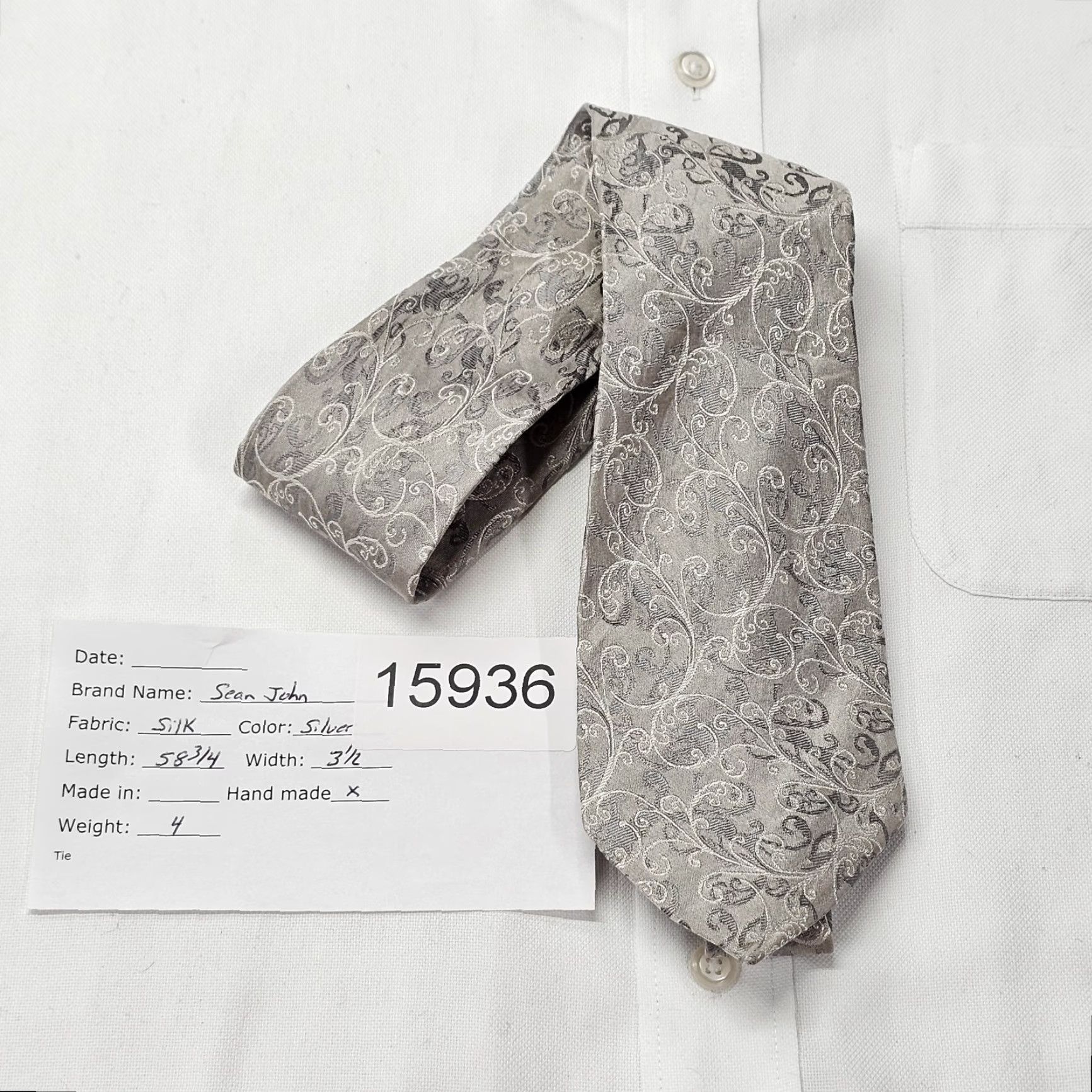 Sean John Sean John Necktie Men's 58.75" X 3.5" Silver Scroll Handmade 100% Silk Necktie Size ONE SIZE - 6 Thumbnail