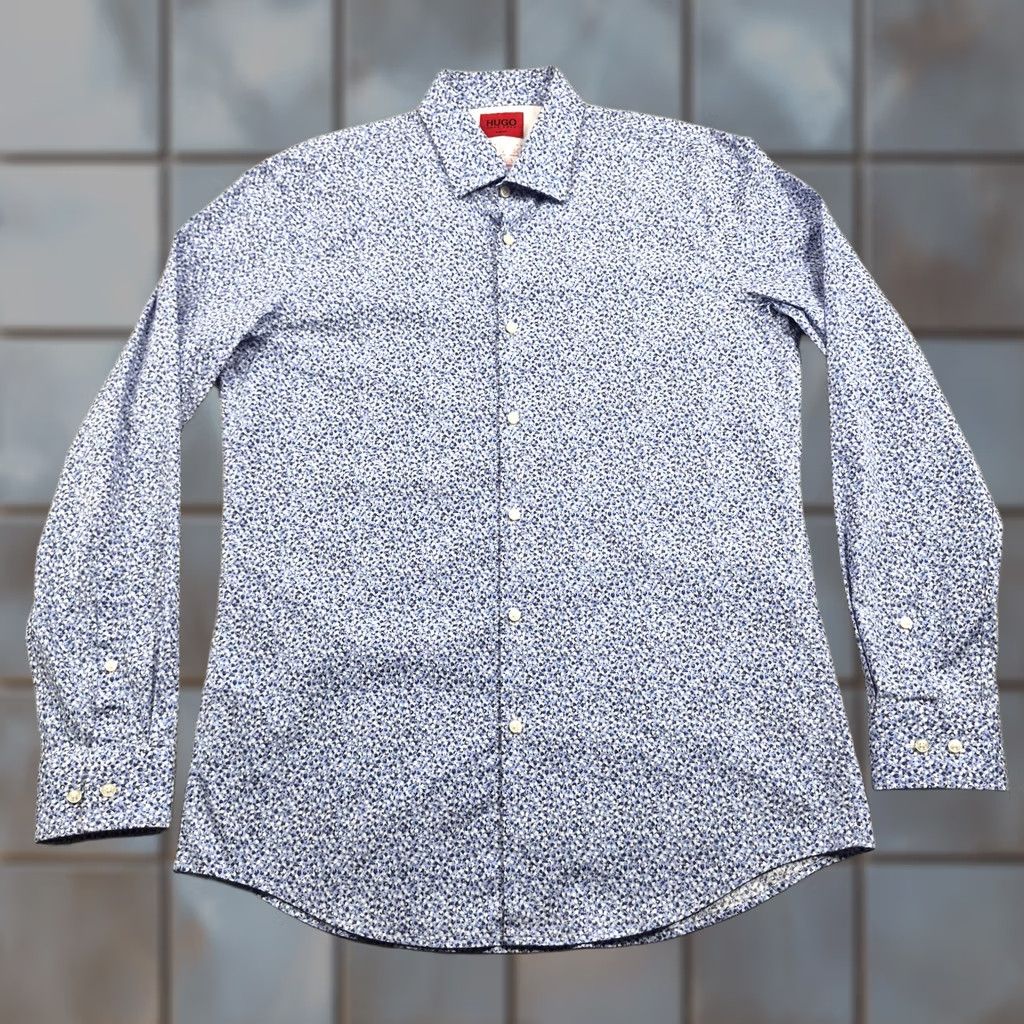 Hugo Boss HUGO BOSS Dress Shirt Mens 16 34/35 Blue Floral Slim Fit Stretch Long Sleeve Size 42R - 1 Thumbnail