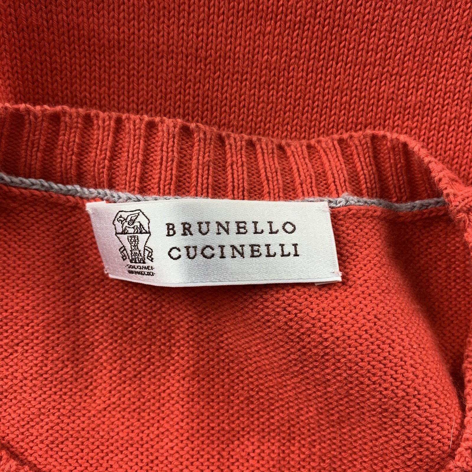 Brunello Cucinelli 44 Orange Knitted Cotton Crew-Neck Pullover Size US XL / EU 56 / 4 - 4 Thumbnail