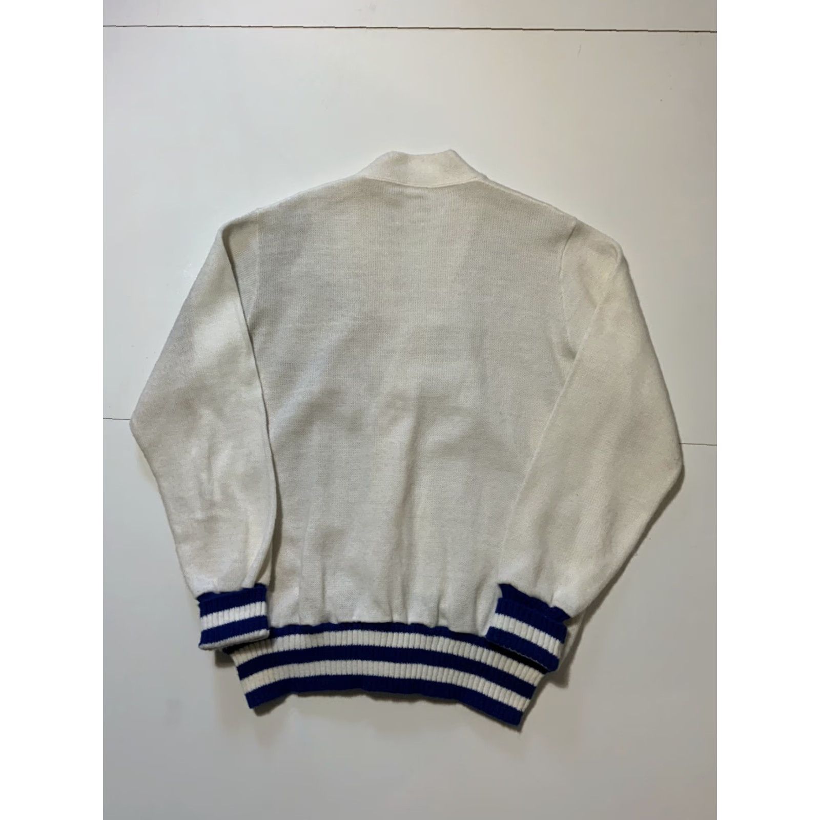 Vintage VINTAGE 70s 80s Tissue-Tek Lab Acrylic Knit Custom Chenille Embroidery Cardigan Sweater XL White/Blue Stripe Dallas Chest 52in Pit to Pit 26in 28in Size US XL / EU 56 / 4 - 2 Thumbnail