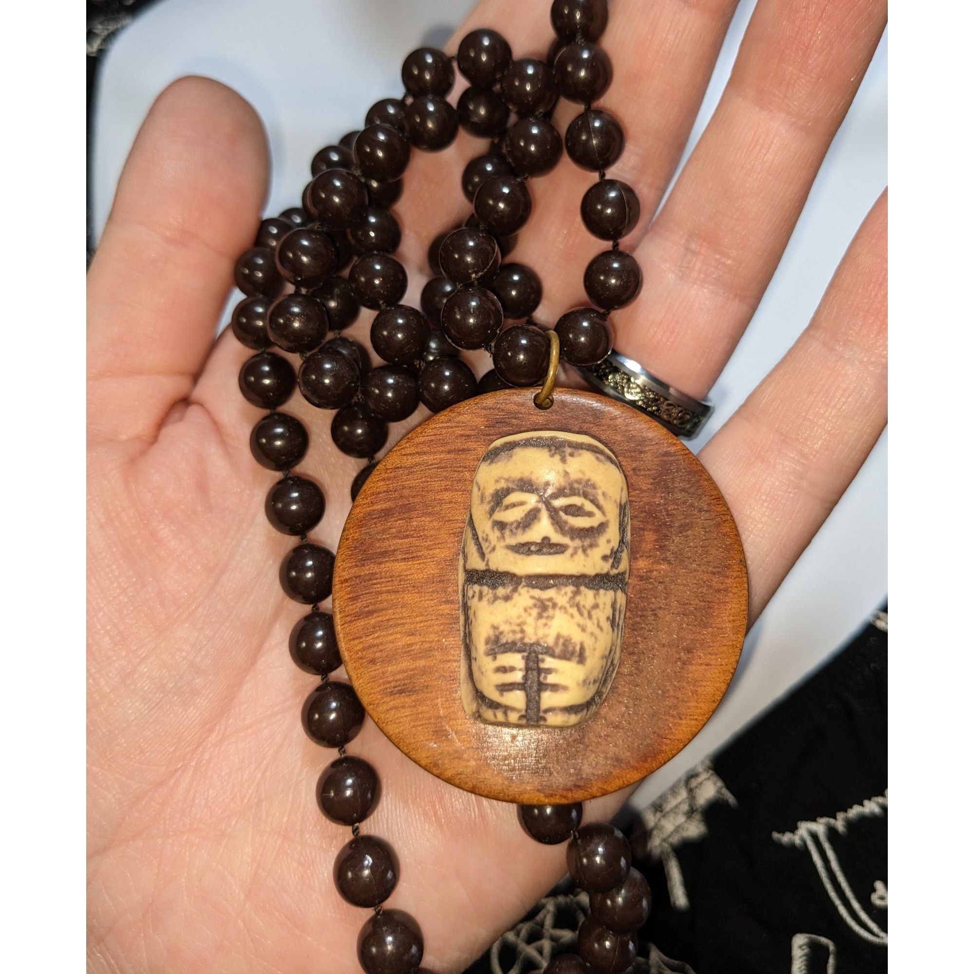 Other Hand-Carved Wooden Beaded Necklace With Tribal-Inspired Pend Size ONE SIZE - 1 Thumbnail