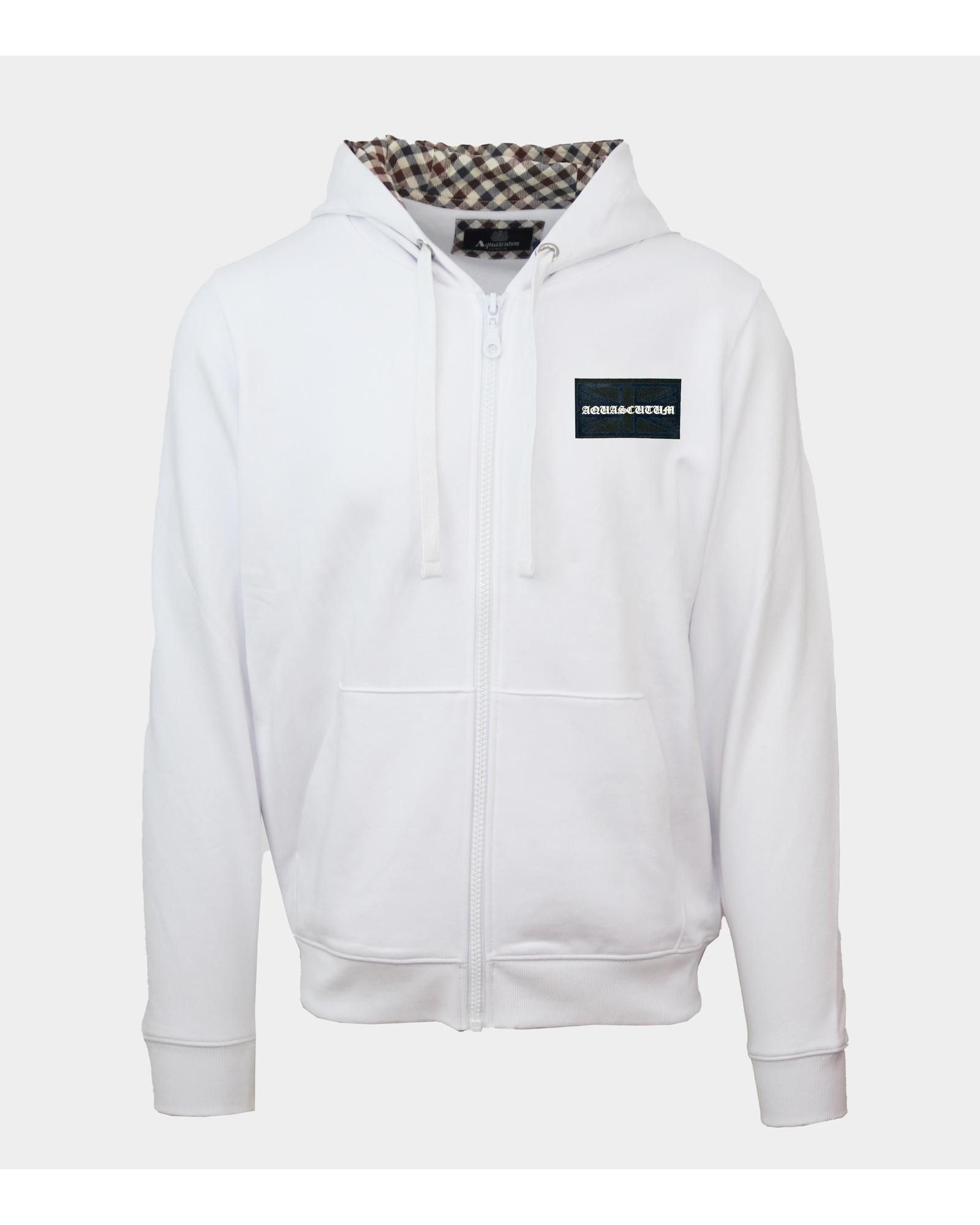 image of Aquascutum Solid Color Cotton Zip Sweatshirt With Fixed Hood in White, Men's (Size 2XL)