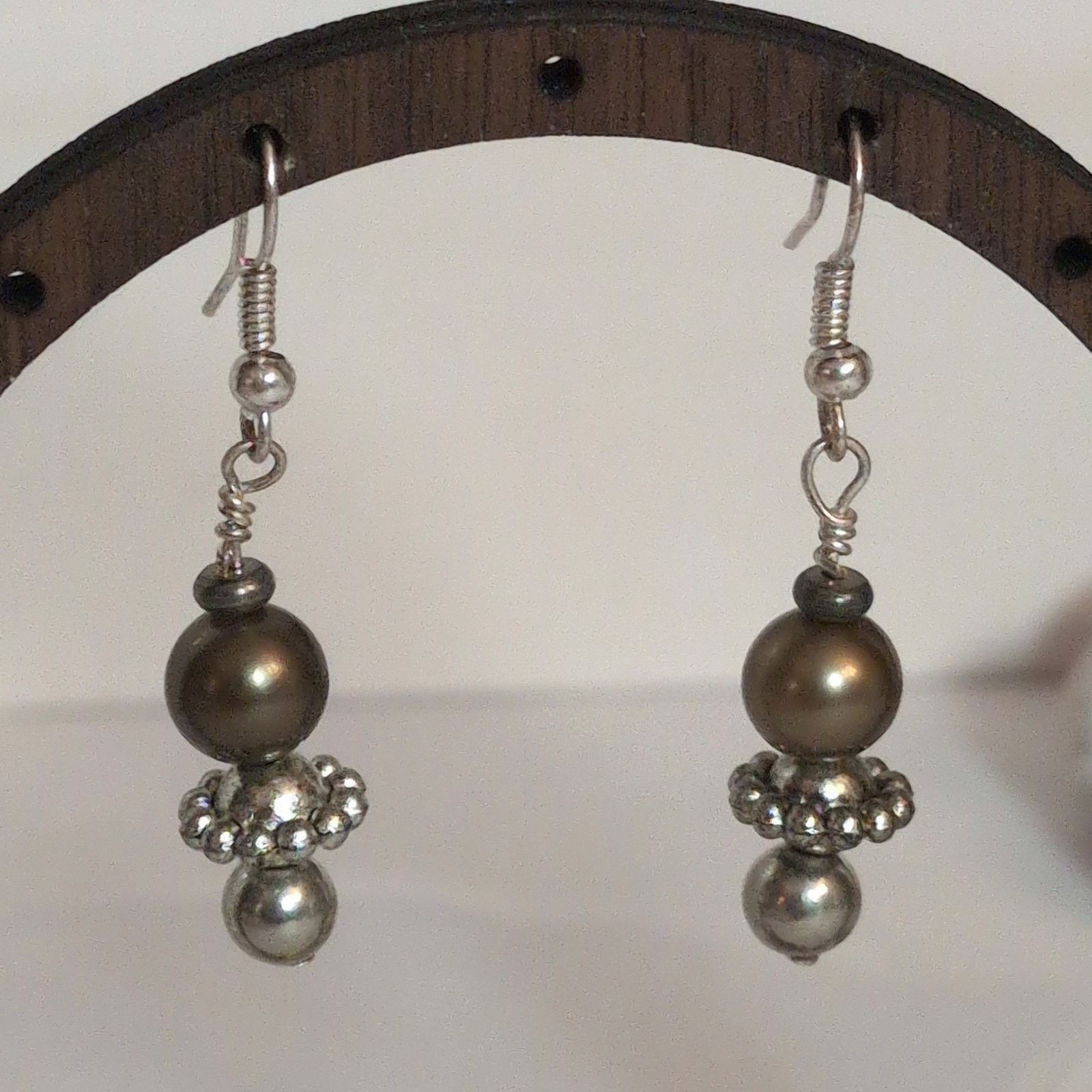 Vintage VTG 1980 Silver-Tone & Bronze Beaded Dangle Pierced Earrings Size ONE SIZE - 3 Thumbnail