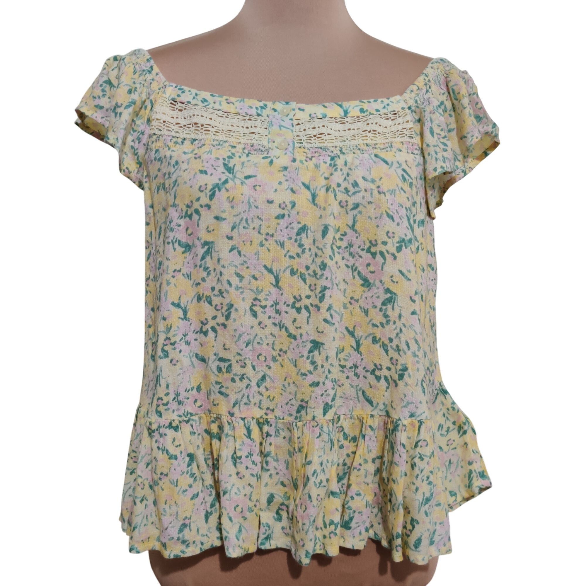 Lucky Brand Lucky Brand Womens Blouse Phoebe Crochet Trim Flutter Sleeve Size M / US 6-8 / IT 42-44 - 1 Thumbnail