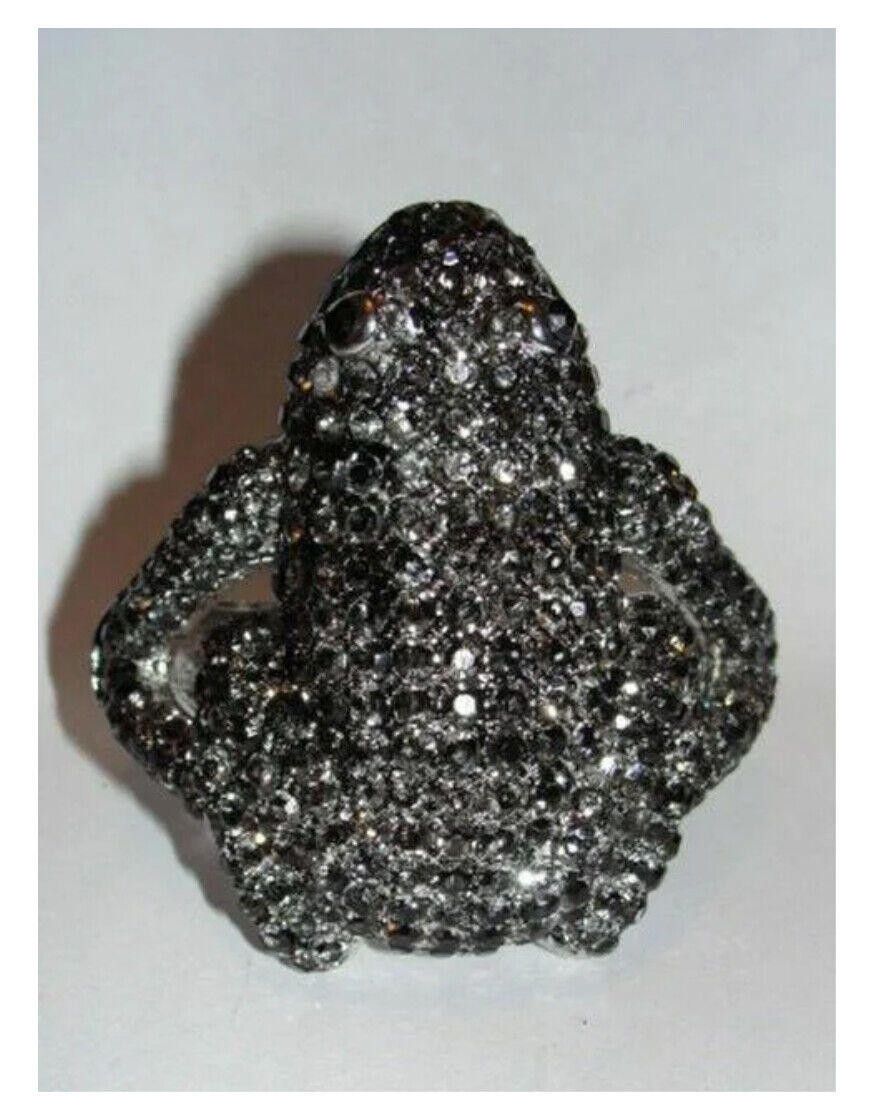 Designer Silver Tone Metal Rhinestone Frog Bracelet with Black Enamel Size ONE SIZE - 1 Thumbnail