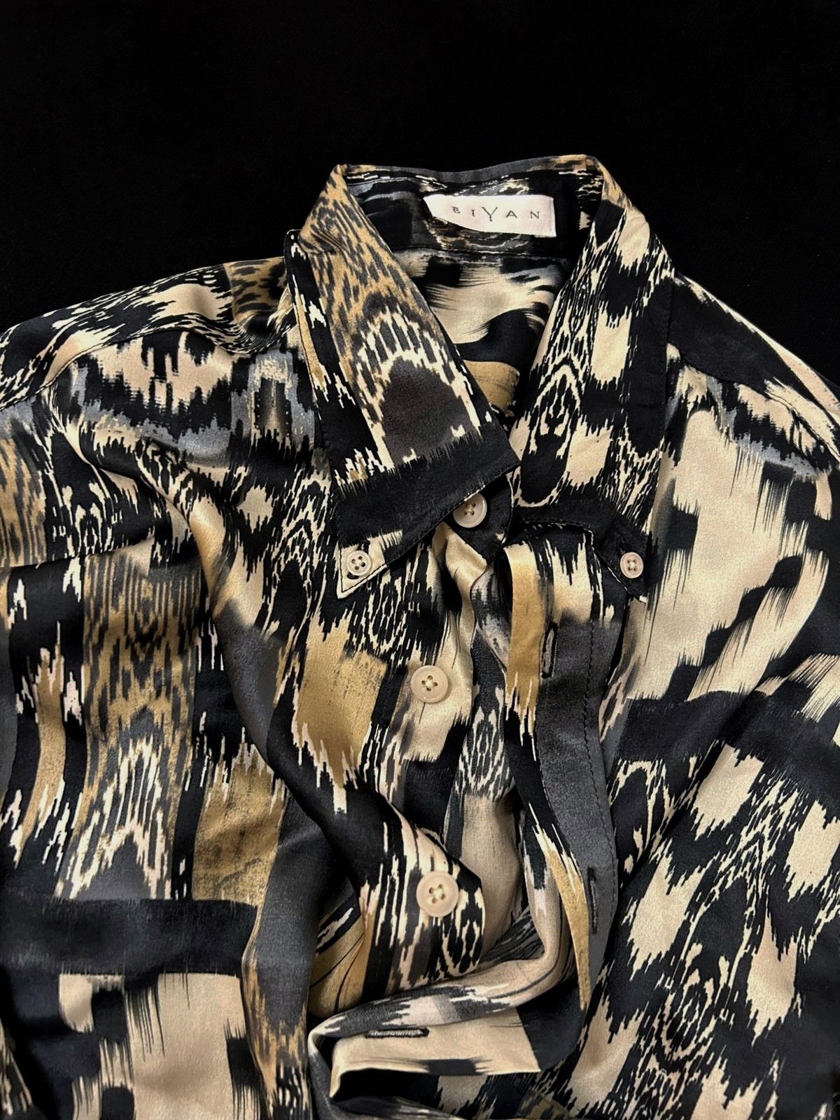 BIJAN Biyan Natural Silk Shirt – Gold/Black Pattern – S/M Size M / US 6-8 / IT 42-44 - 3 Thumbnail