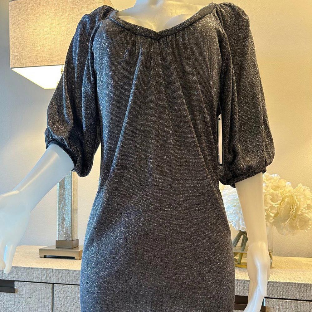 Designer Karlie Silver Metallic Mini Dress with Puffed Sleeves Size S / US 4 / IT 40 - 3 Thumbnail