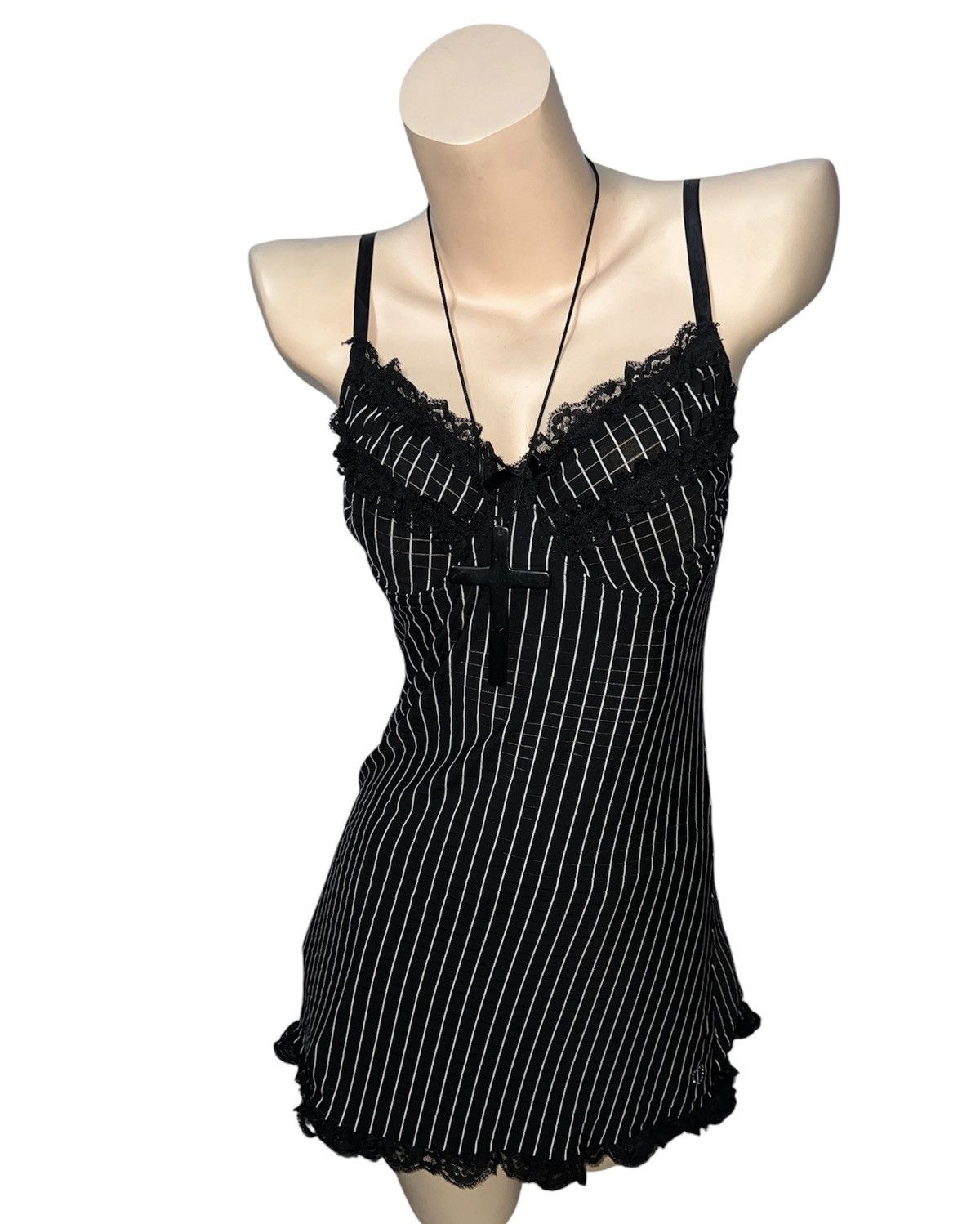 Japanese Brand Black striped with lace mini dress 🖤 Size M / US 6-8 / IT 42-44 - 4 Thumbnail