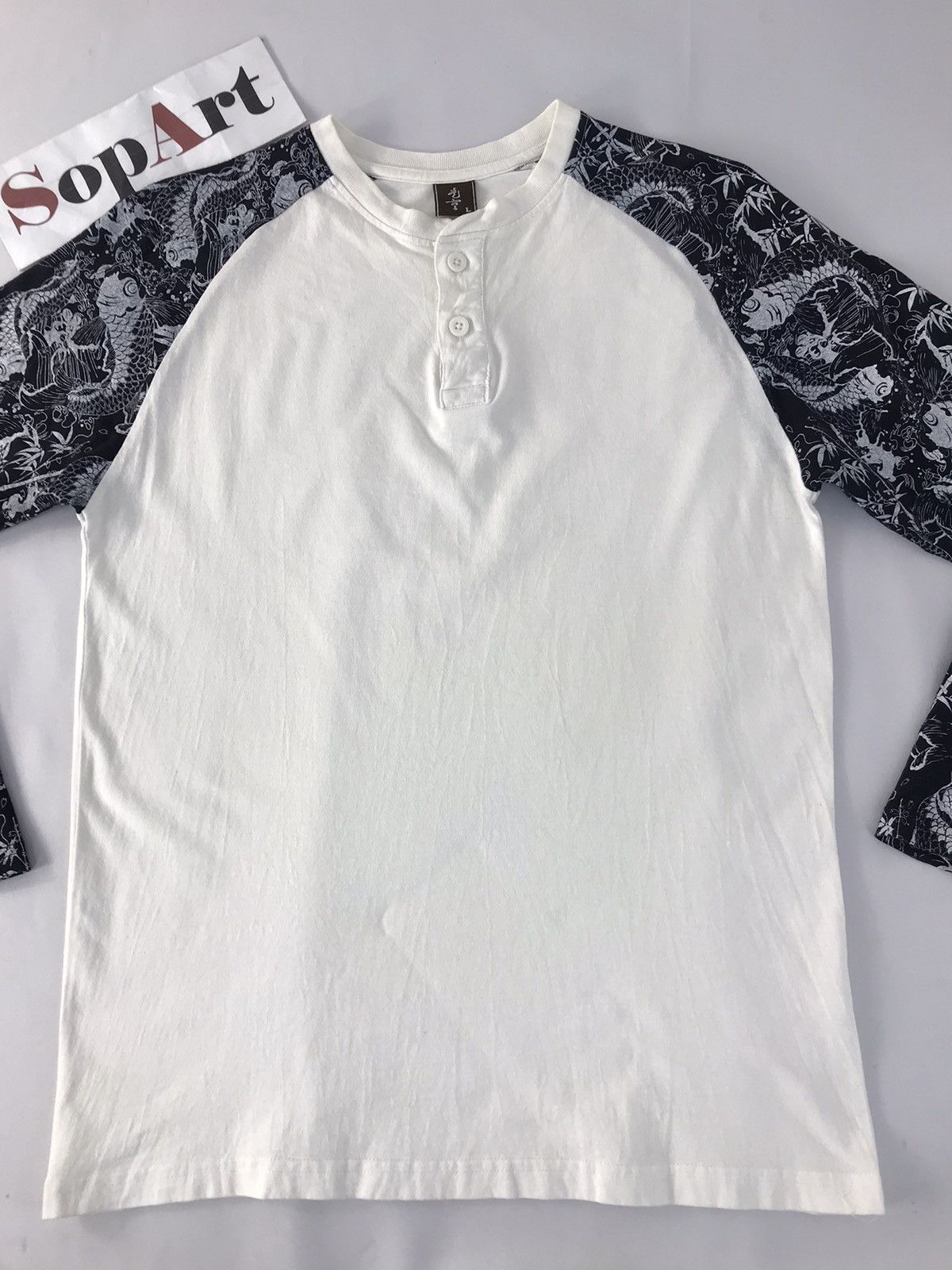 Japanese Brand × Vintage Japanese Brand LongSleeve Fish In Part Arm T.Shirt Size US S / EU 44-46 / 1 - 3 Thumbnail