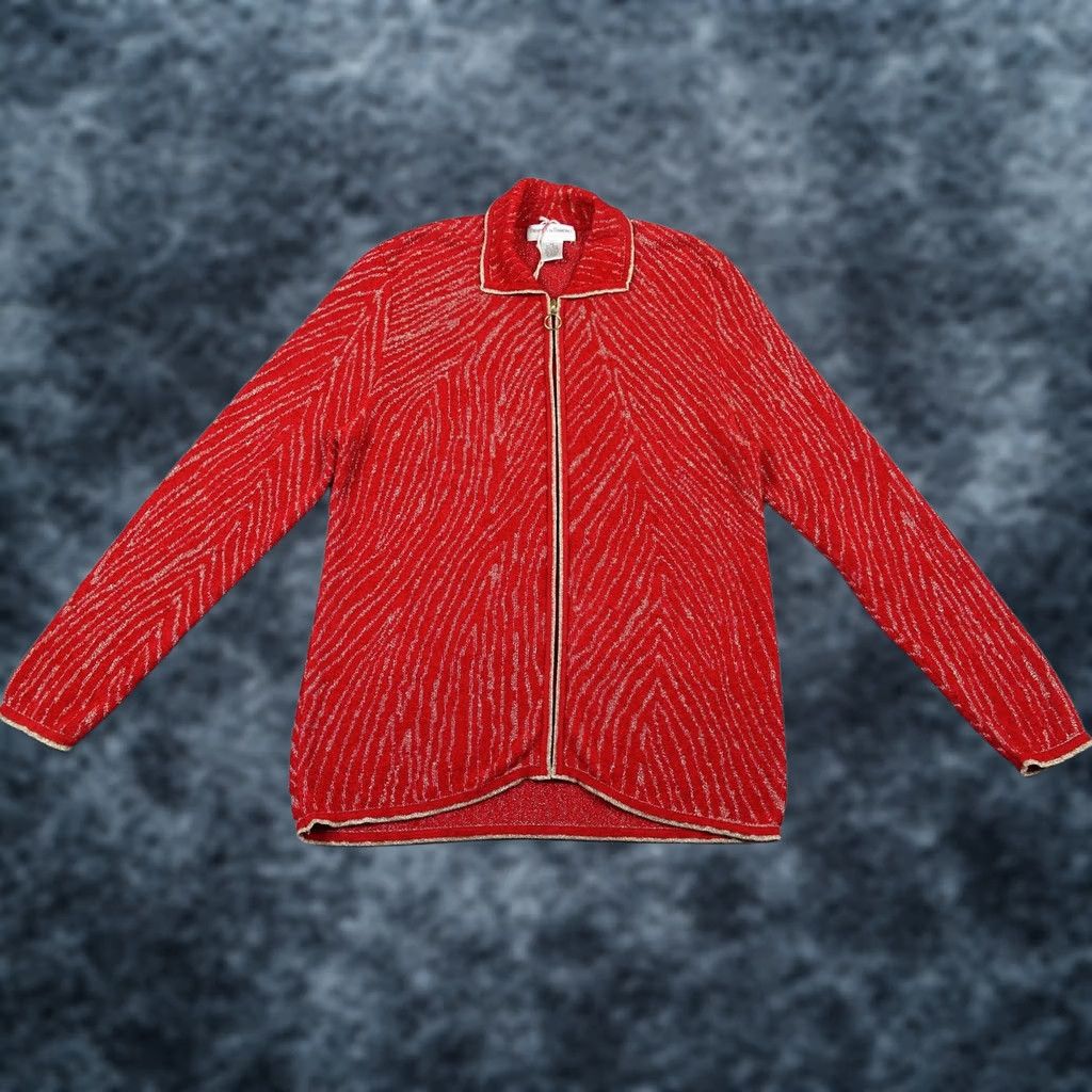 Vintage VINTAGE Drapers & Damons Sweater Womens Petites Small Red Full Zip Knit Spike Zipper Pattern Striped Knitwear Modern? Size S / US 4 / IT 40 - 1 Thumbnail
