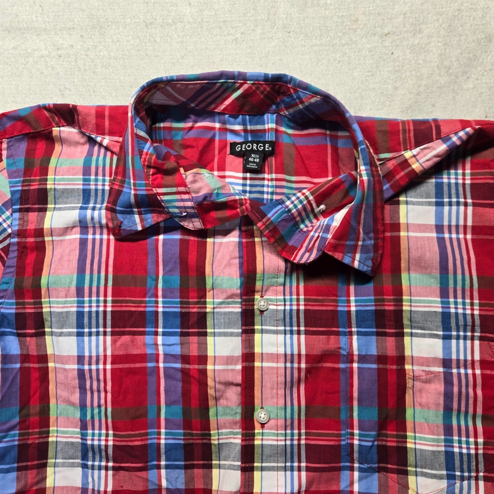 George GEORGE Shirt Men XL Plaid Red White Blue Casual Button-Up Short Sleeve Multicolor Cotton Rayon Flannel Size US XL / EU 56 / 4 - 2 Thumbnail
