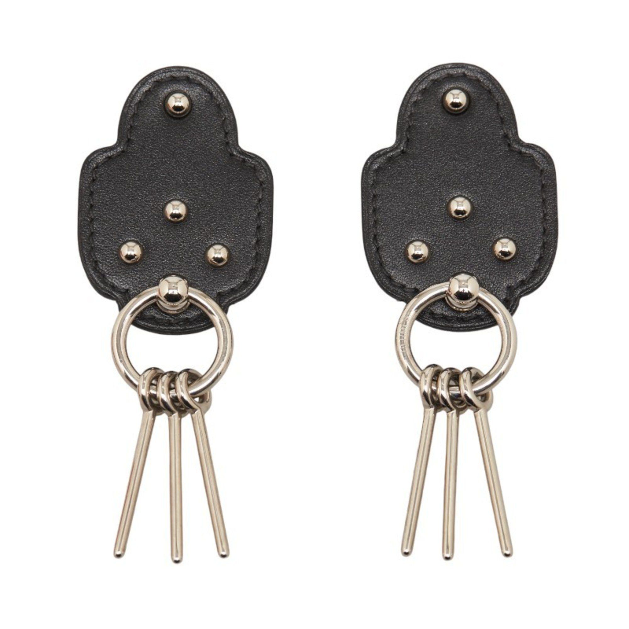 Hermes Carnaby Earrings Silver Black Metal Leather Women's HERMES
