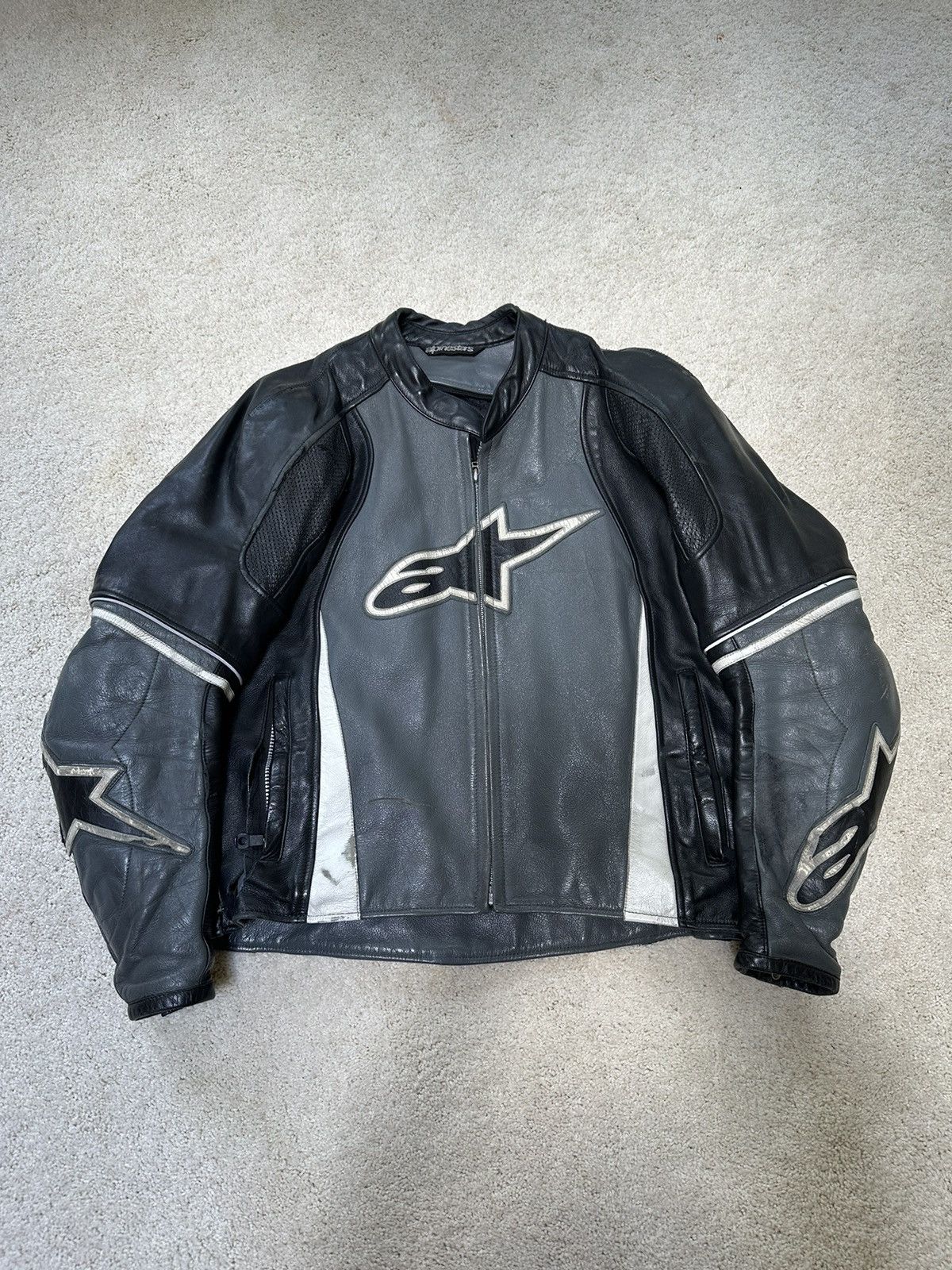 image of Distressed Alpinestars Biker Leather Jacket in Grey, Men's (Size XS)