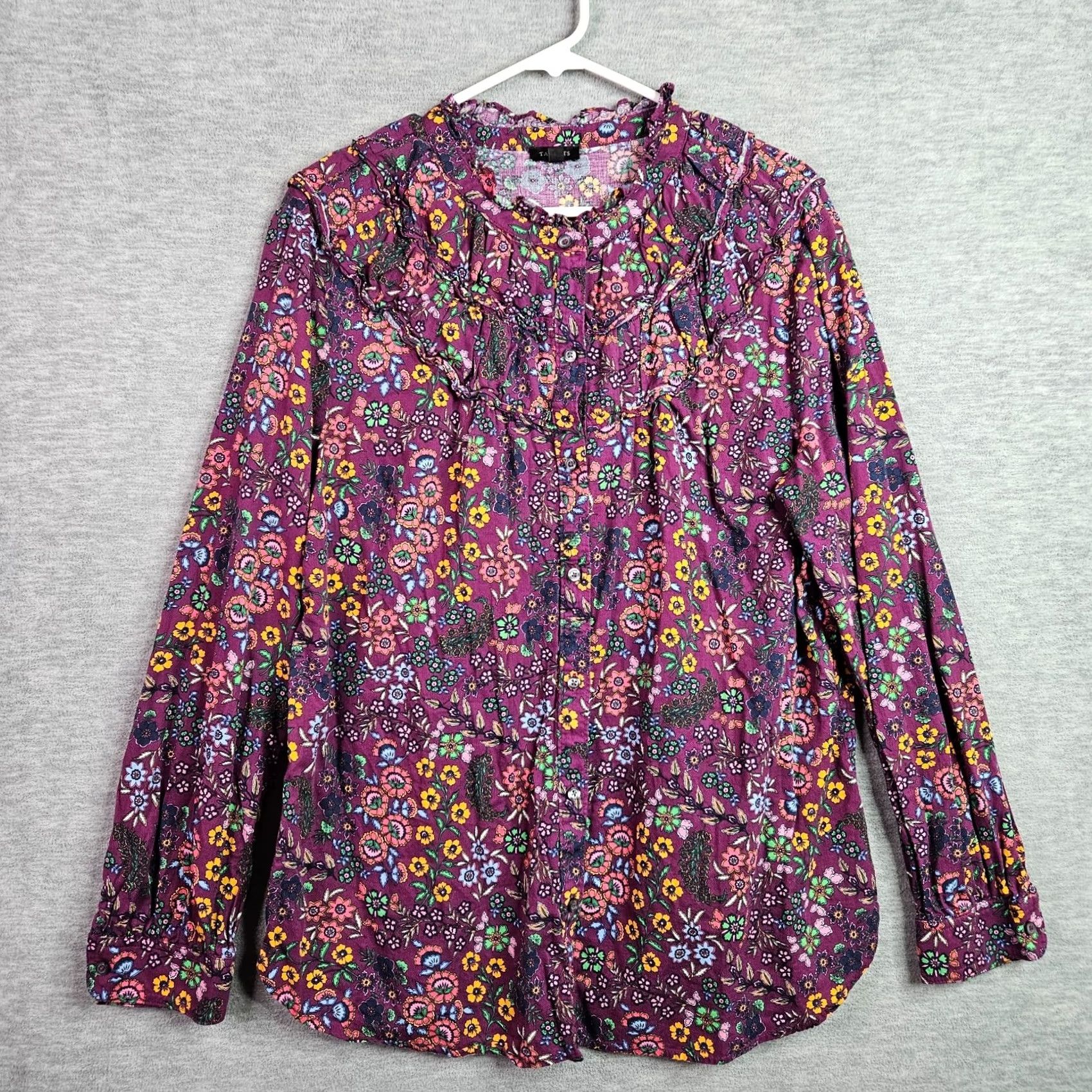 Talbots Talbots Women's XL Floral Ruffle Neck Button Front Blouse Purple Long Sleeve Shirt Adults Regular Size Type: Blouse Size XL / US 12-14 / IT 48-50 - 2 Thumbnail