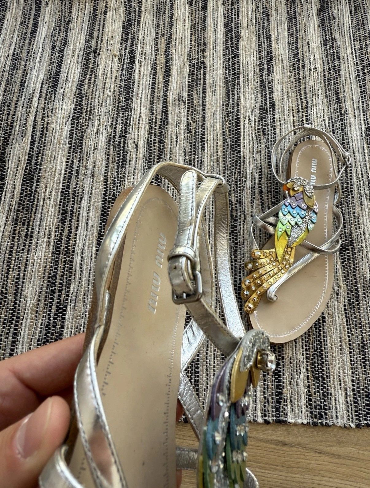Miu Miu Miu Miu Leather Crystal Sandals Crystal Embellished Parrot Size US 7 / IT 37 - 7 Thumbnail