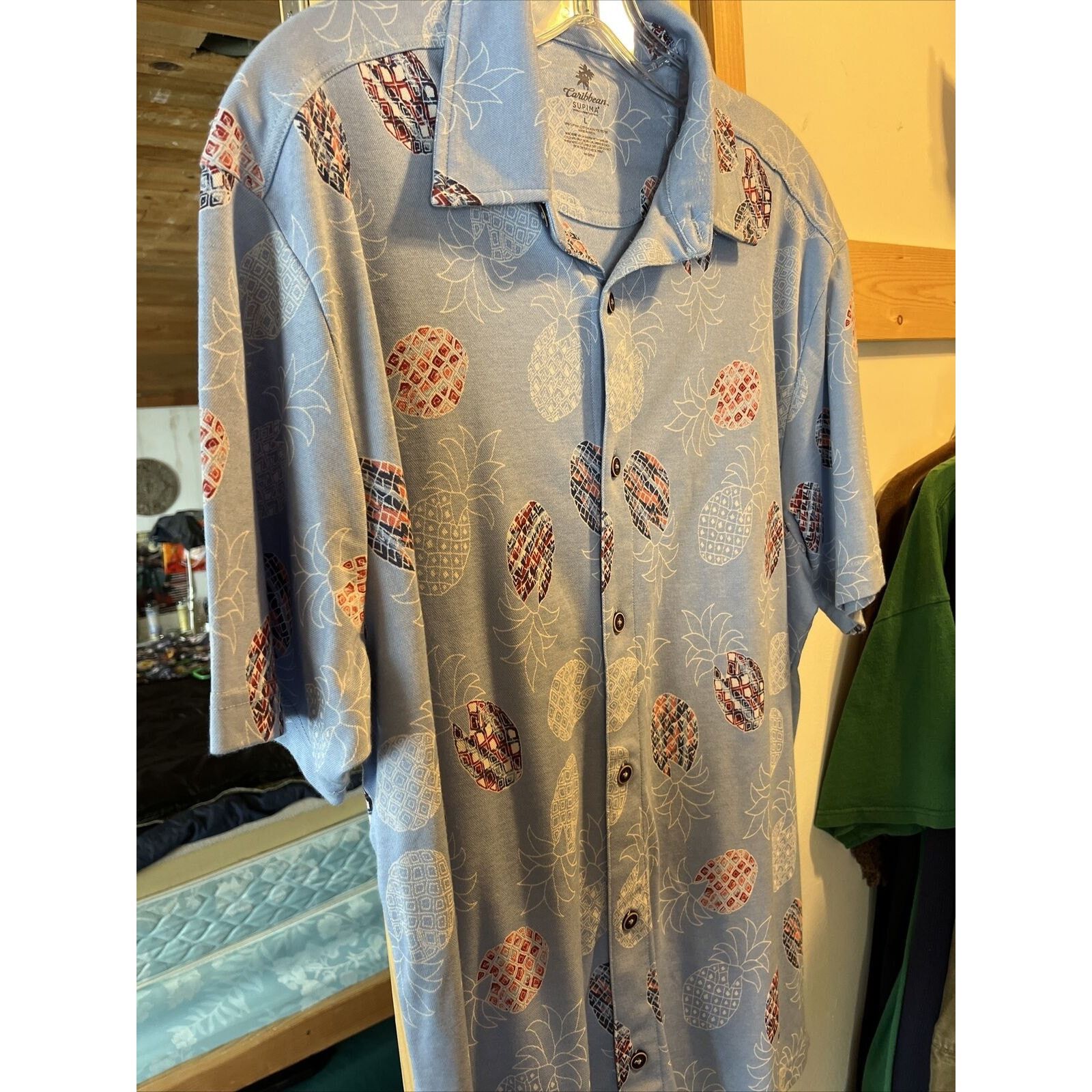 Caribbean Caribbean Men's L Blue Pineapple Button Cotton Blend Shirt Size US L / EU 52-54 / 3 - 7 Thumbnail