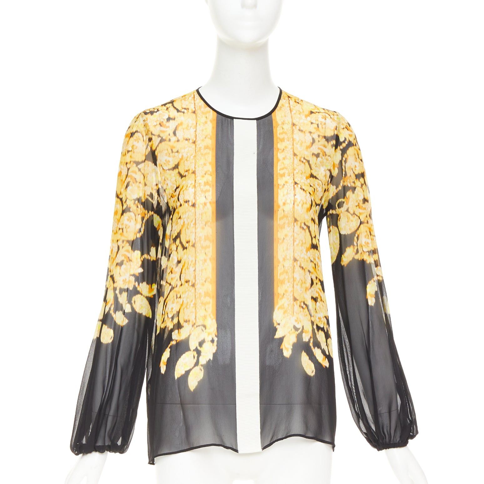 Giambattista Valli GIAMBATTISTA VALLI 100% silk gold black grosgrain trim print sheer chiffon blouse IT38 XXS Size XS / US 0-2 / IT 36-38 - 1 Thumbnail